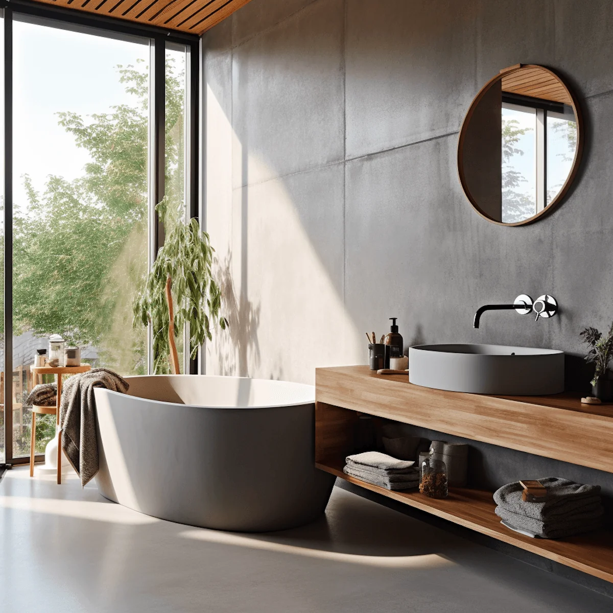 The modern bathroom features a freestanding oval bathtub near a large floor-to-ceiling window, with a wooden vanity and a round mirror.