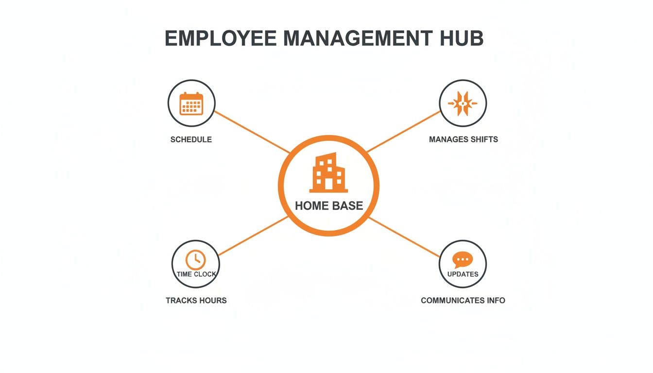 Diagram showing an employee management hub with features for scheduling, shift management, time tracking, and communication.