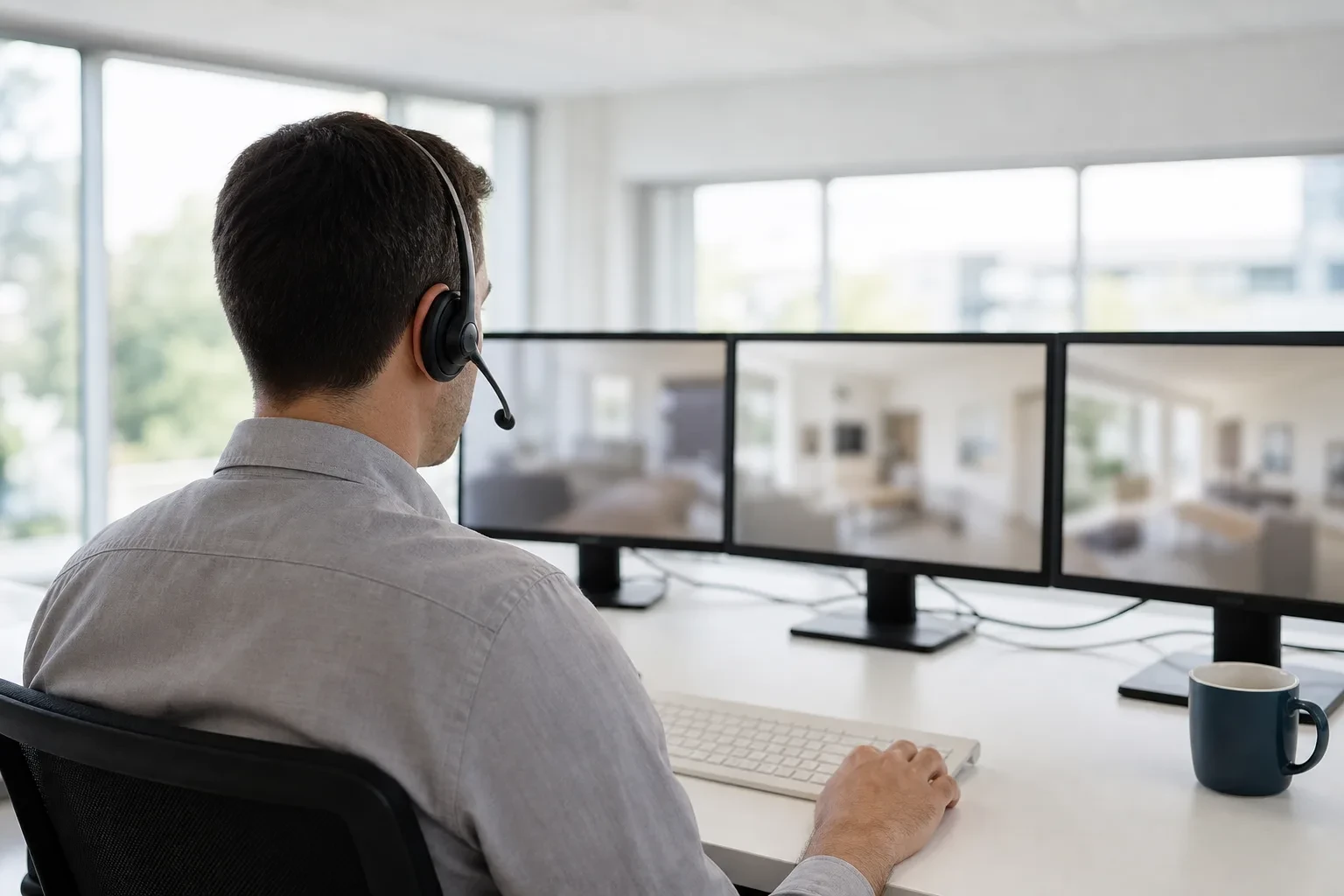 Operador de una central receptora de alarmas verificando con imagen y audio un salto de alarma en Tarragona