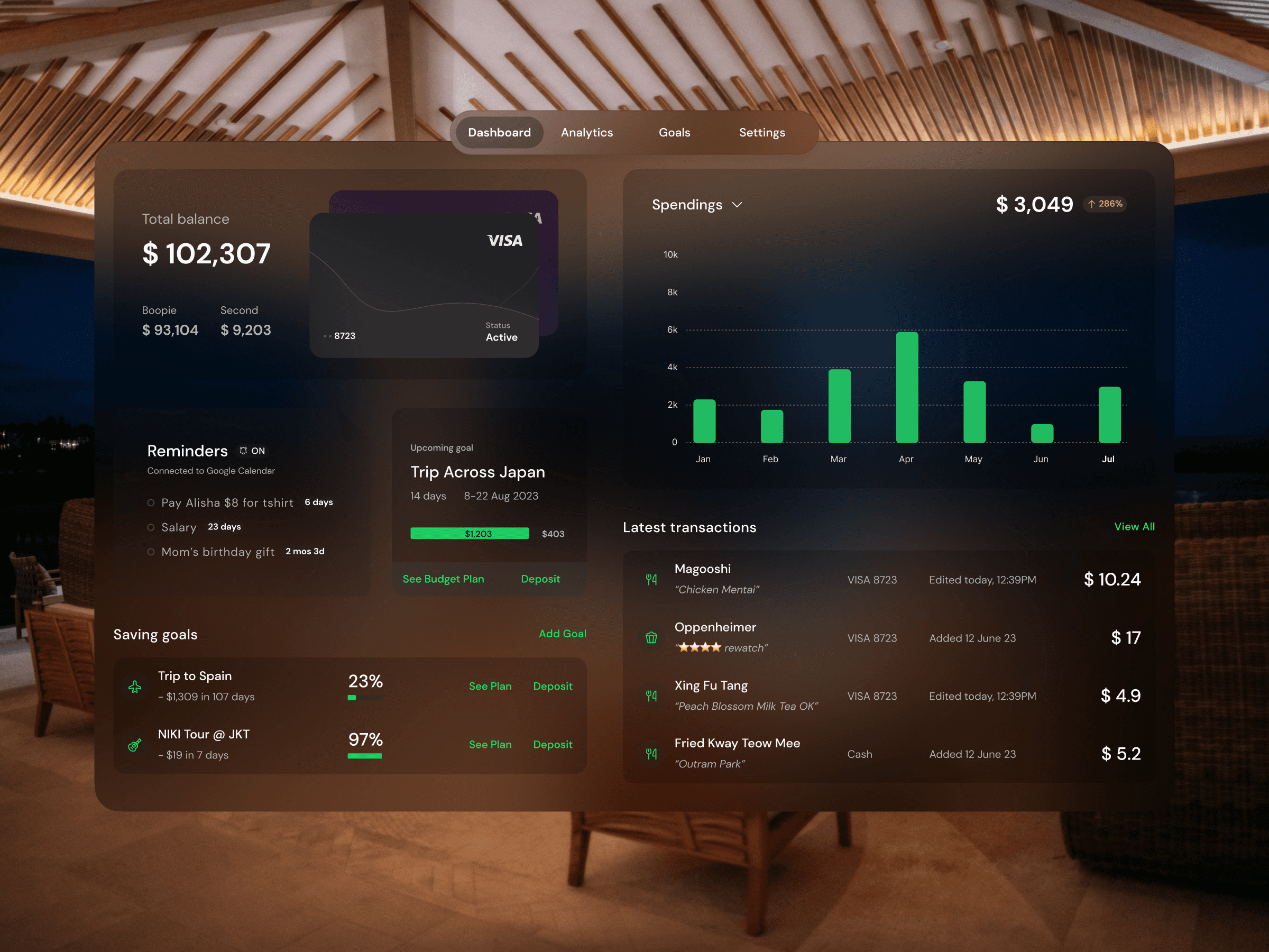 Finance dashboard, designed for Virtual Reality. The background is glass-like, blurred a realistic image of a wooden room behind it.