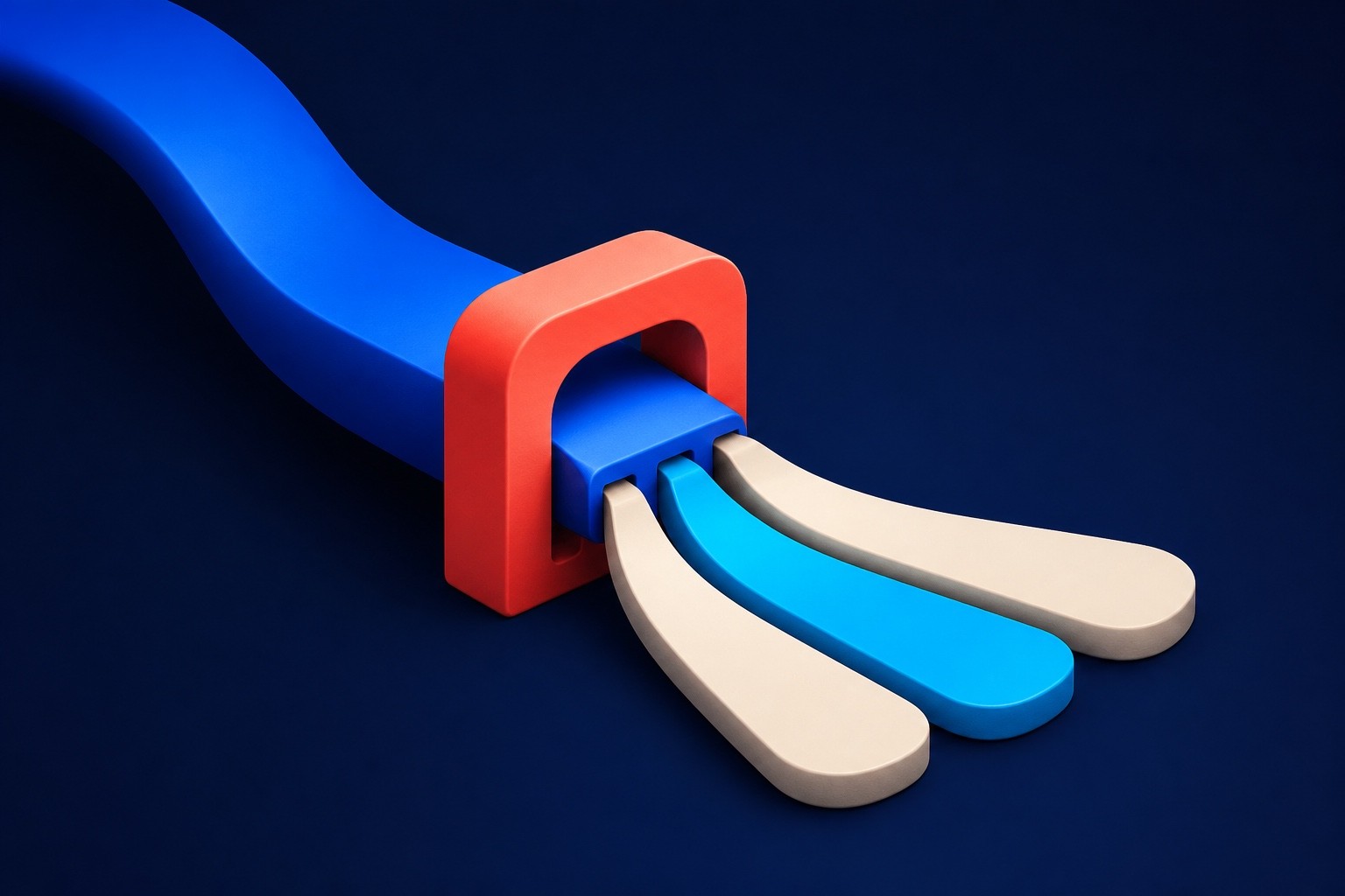 A cobalt ribbon passes through a coral gate and becomes three precise ivory and cyan paths on midnight blue.