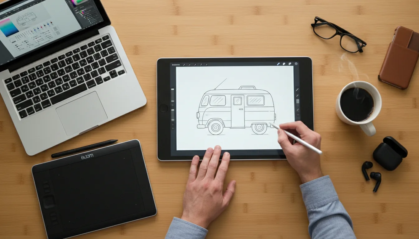 DSLR photography from a top-down perspective, a flat lay of a digital artist's workspace on a light bamboo wood desk. In the center, a person's hands are drawing a line art illustration of a van on a tablet with a stylus. The desk is neatly organized with an open silver laptop, a black graphics tablet, a cup of black coffee, white wireless earbuds, a smartphone in a brown leather case, and black-rimmed glasses. The scene is illuminated with soft, even natural daylight, with sharp focus throughout the composition.