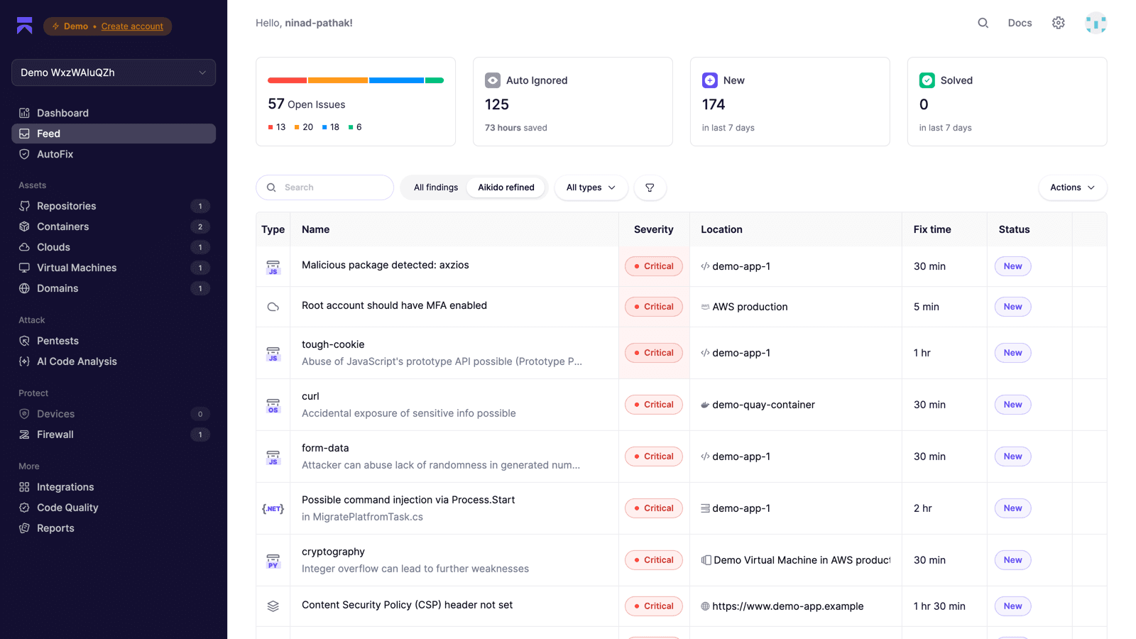 Aikido Security findings feed showing critical issues from SAST, dependencies, cloud, and containers in one severity-ranked list