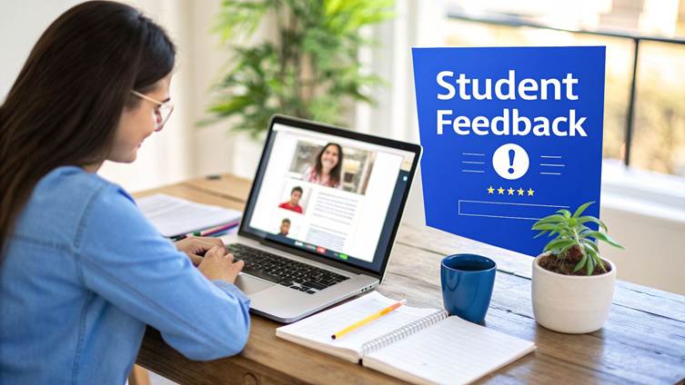 A student provides feedback on a laptop during an online class, next to a 'Student Feedback' sign.