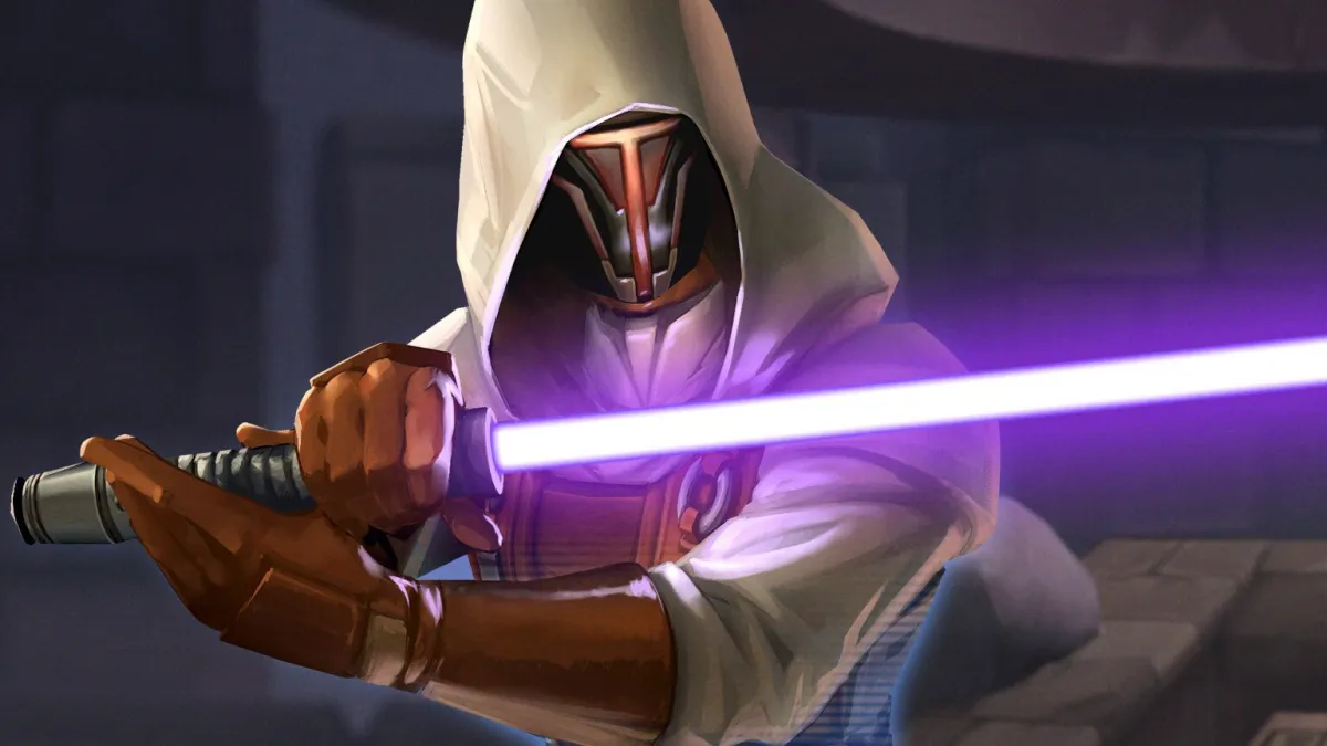 Jedi Revan in white robes wielding a purple lightsaber horizontally for a promo for Star Wars: Galaxy of Heroes