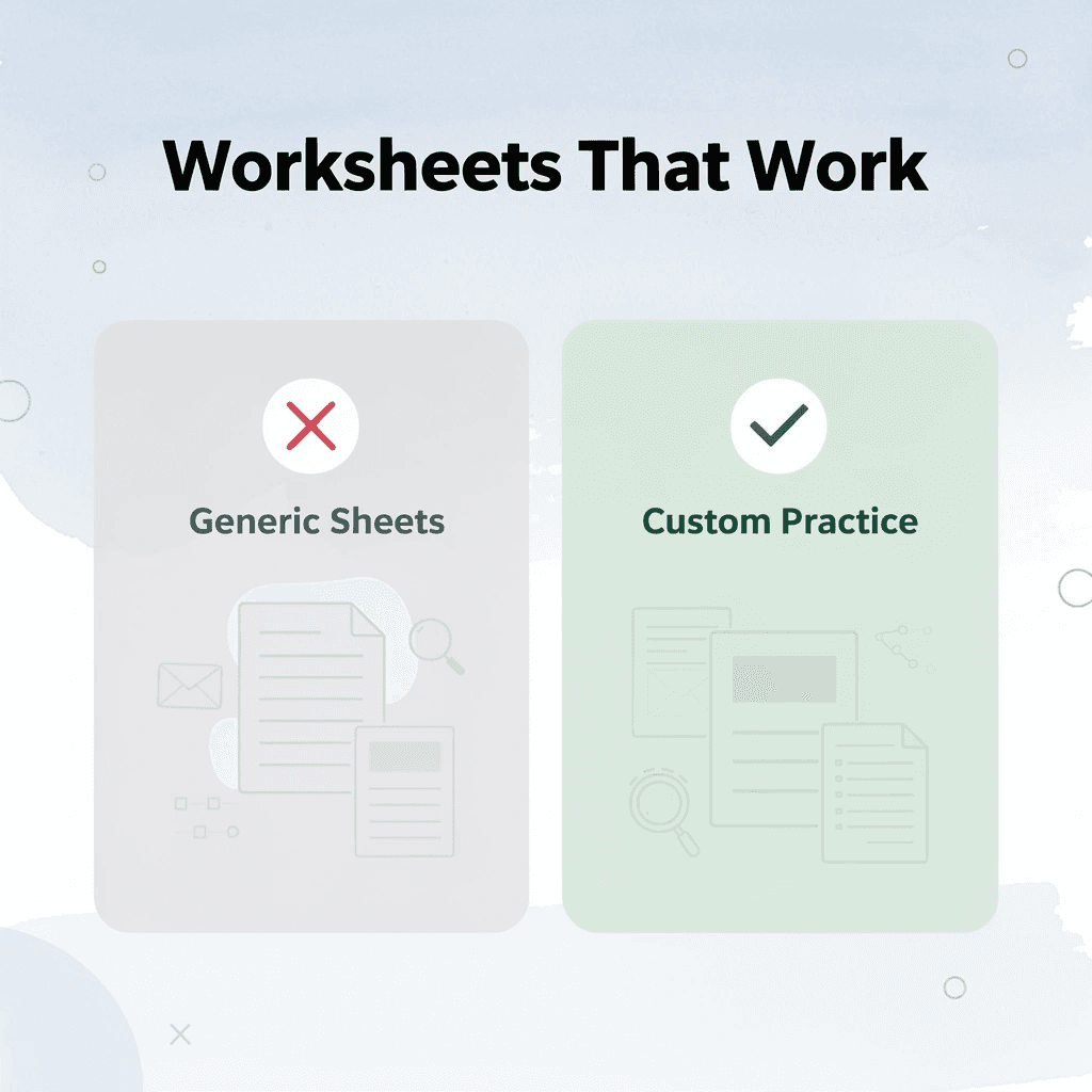 Before and after comparison of generic alphabet sheets versus customized phonics worksheets