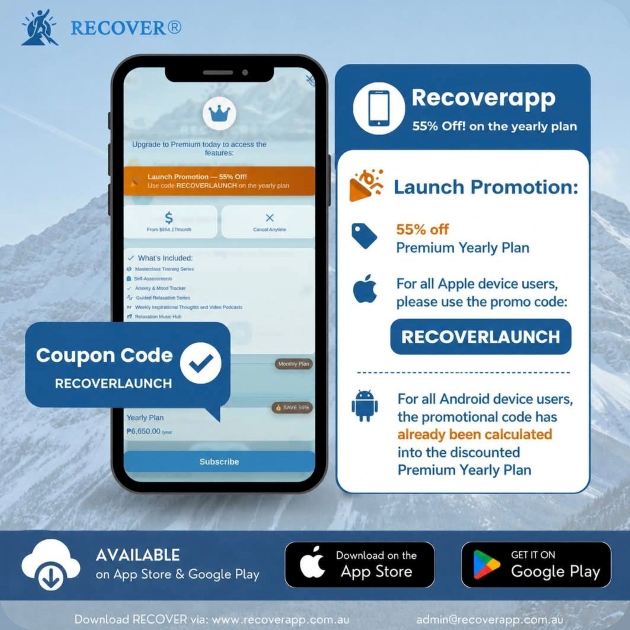 RECOVER app premium promotion offering 55% off yearly plan with smartphone display and coupon code.