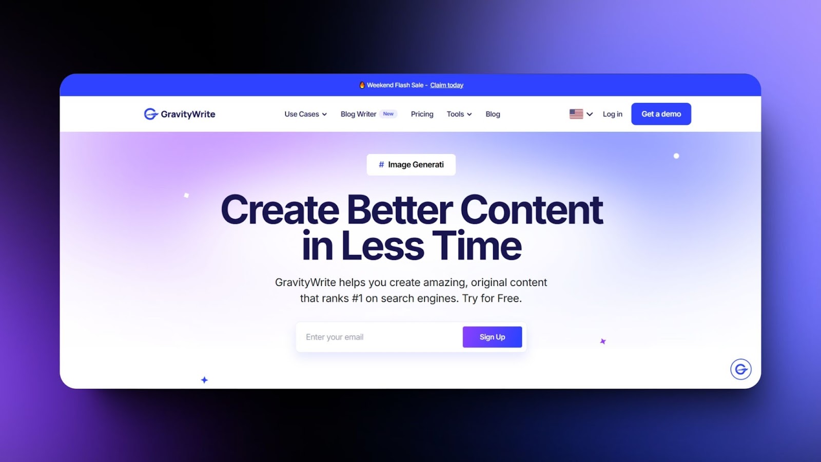 screenshot of GravityWrite homepage showcasing content creation benefits, including SEO blog writing with call-to-action and purple gradient design.