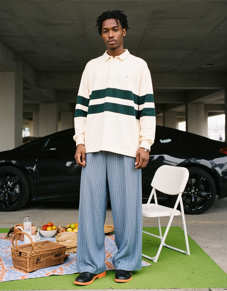Man in striped rugby shirt and blue trousers standing in urban parking garage with picnic setup and luxury car