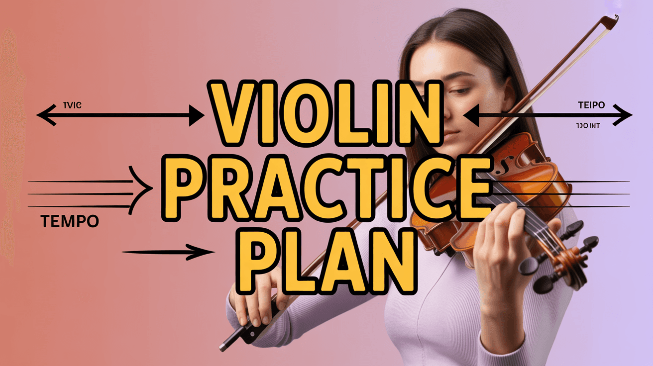 Violin Practice Routine Thumbnail, featuring a violinist practicing in a studio with bowing arrow overlays and tempo markers