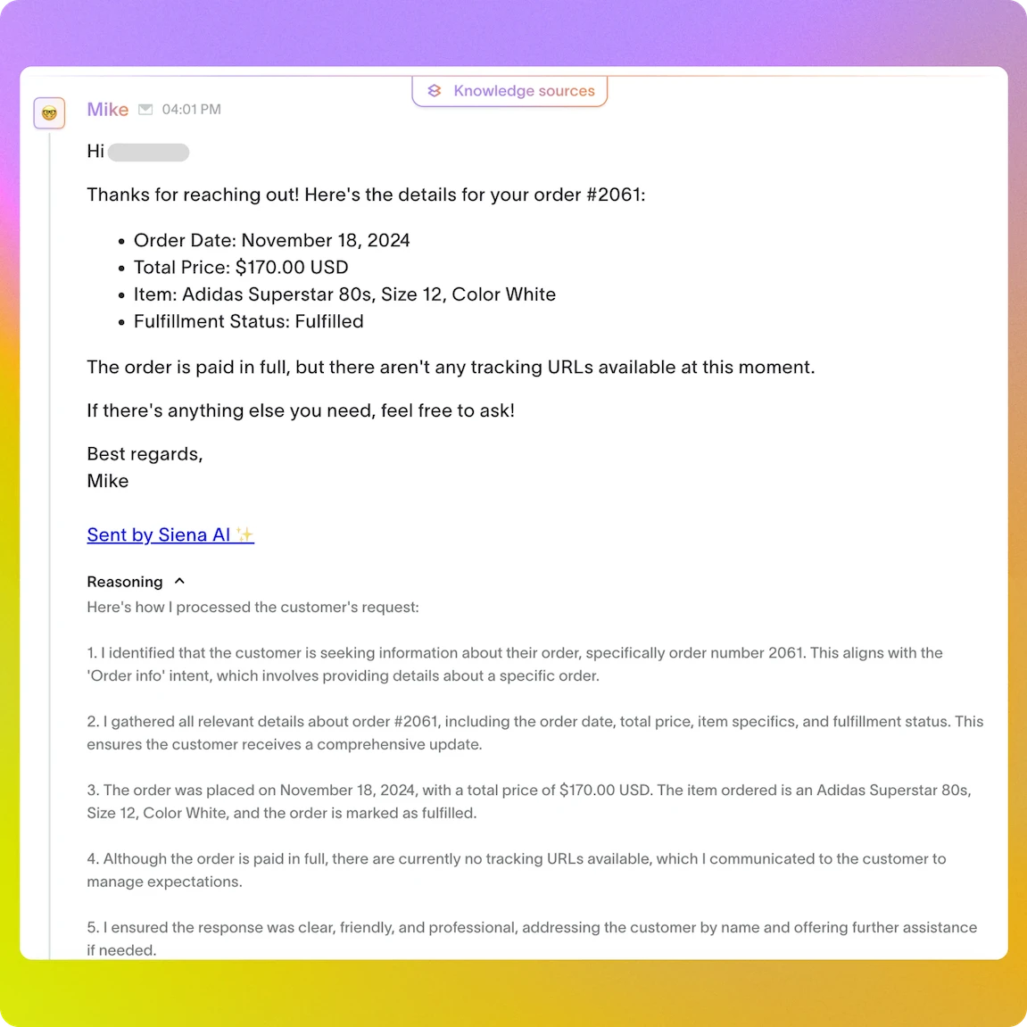 Screenshot of an AI agent’s response, including a reasoning tab detailing its 5-step reasoning process for service agents.