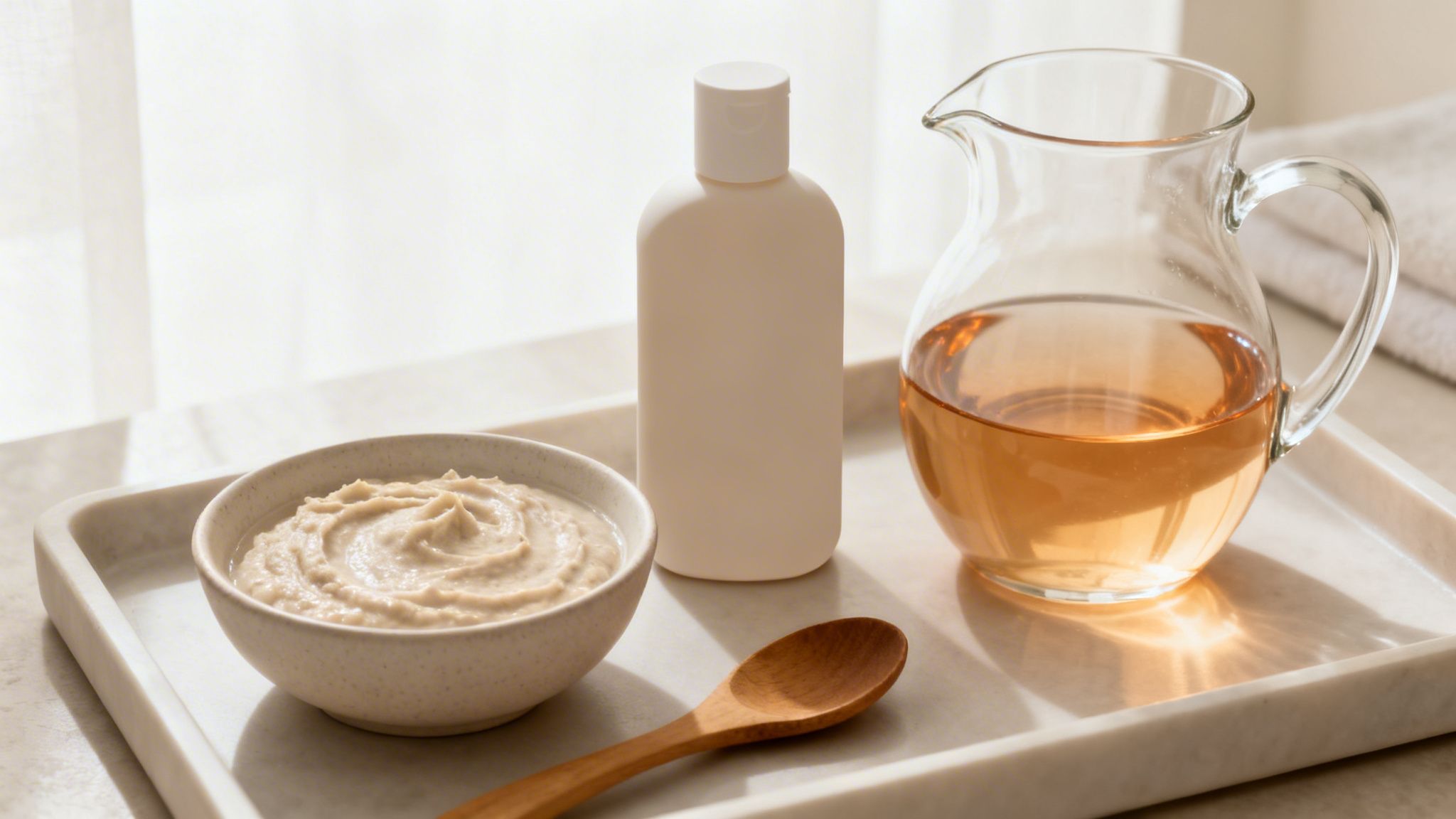 A marble tray with a creamy scalp mask, lotion bottle, and amber liquid in a glass pitcher.