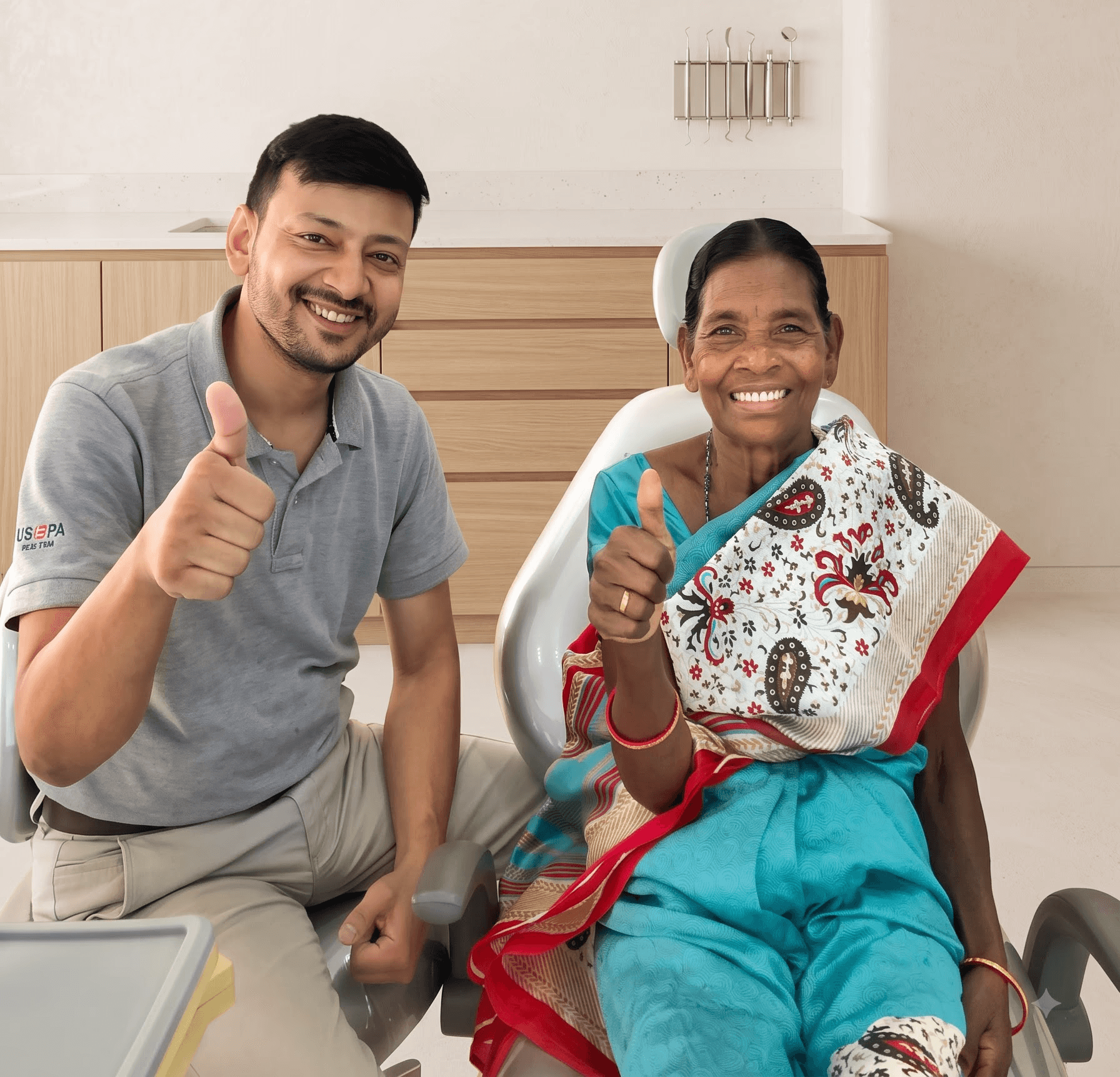 A healthcare professional in a white uniform and face mask gives two thumbs up, conveying positivity and assurance, against a neutral background.