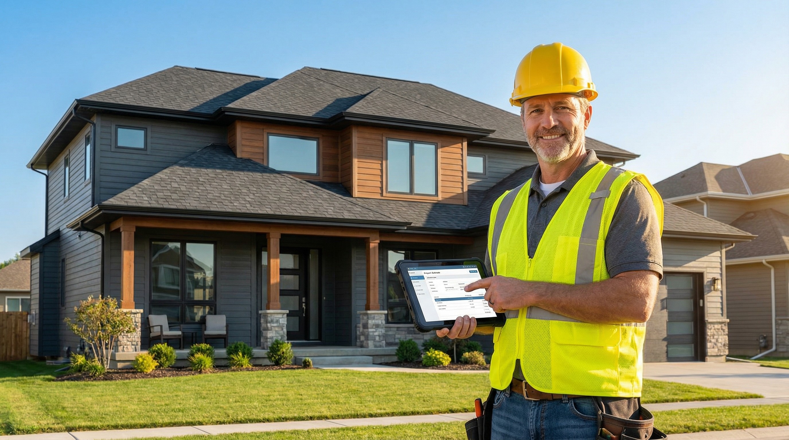 Construction worker with yellow hardhat and vest pointing at tablet in front of a modern house. 