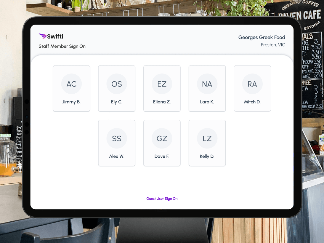 Swifti Shown in cafe where staff can sign in to the POS.