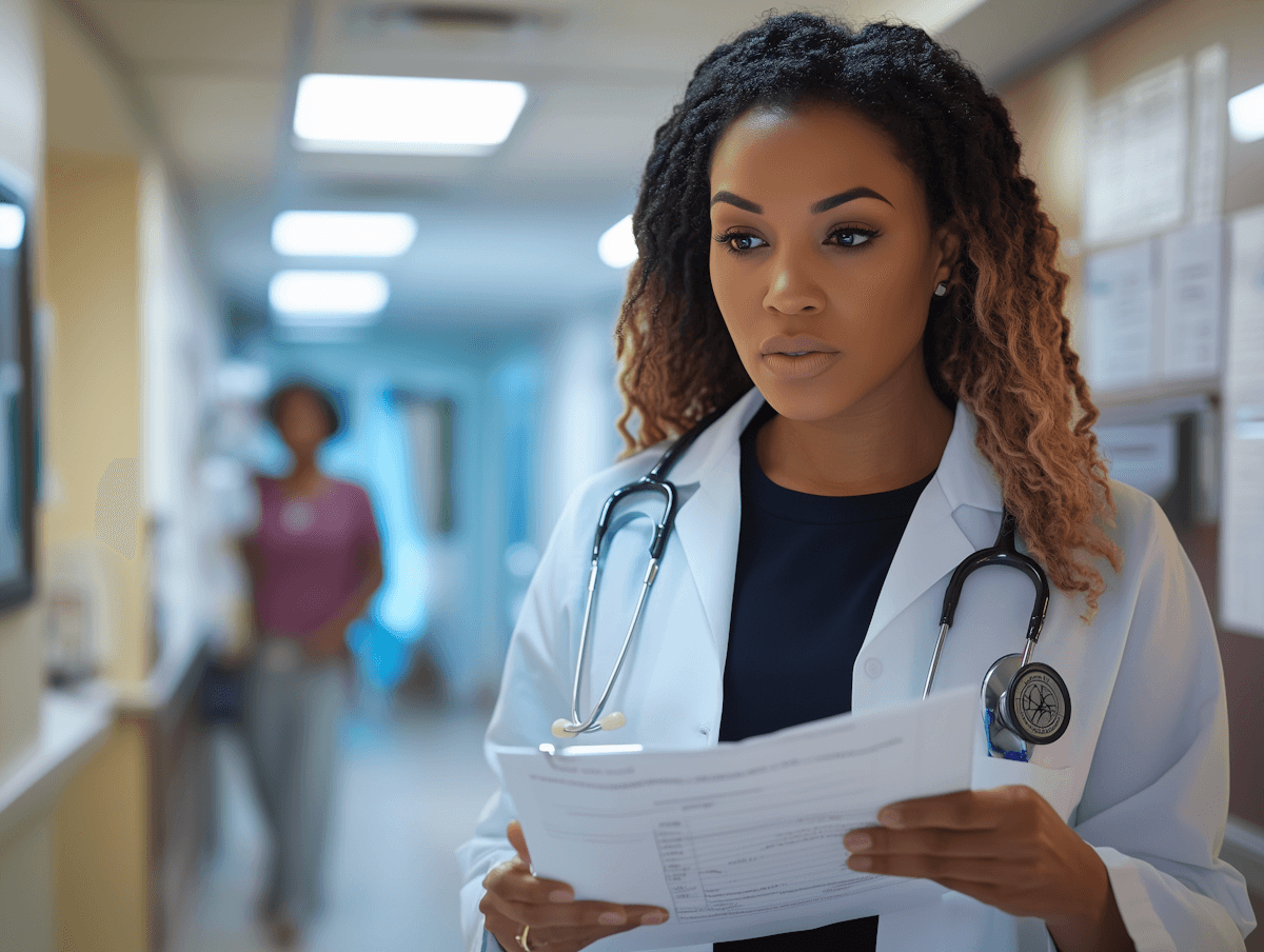 A focused doctor with a stethoscope reviews documents in a hospital corridor. The setting is professional and busy, conveying determination and focus.