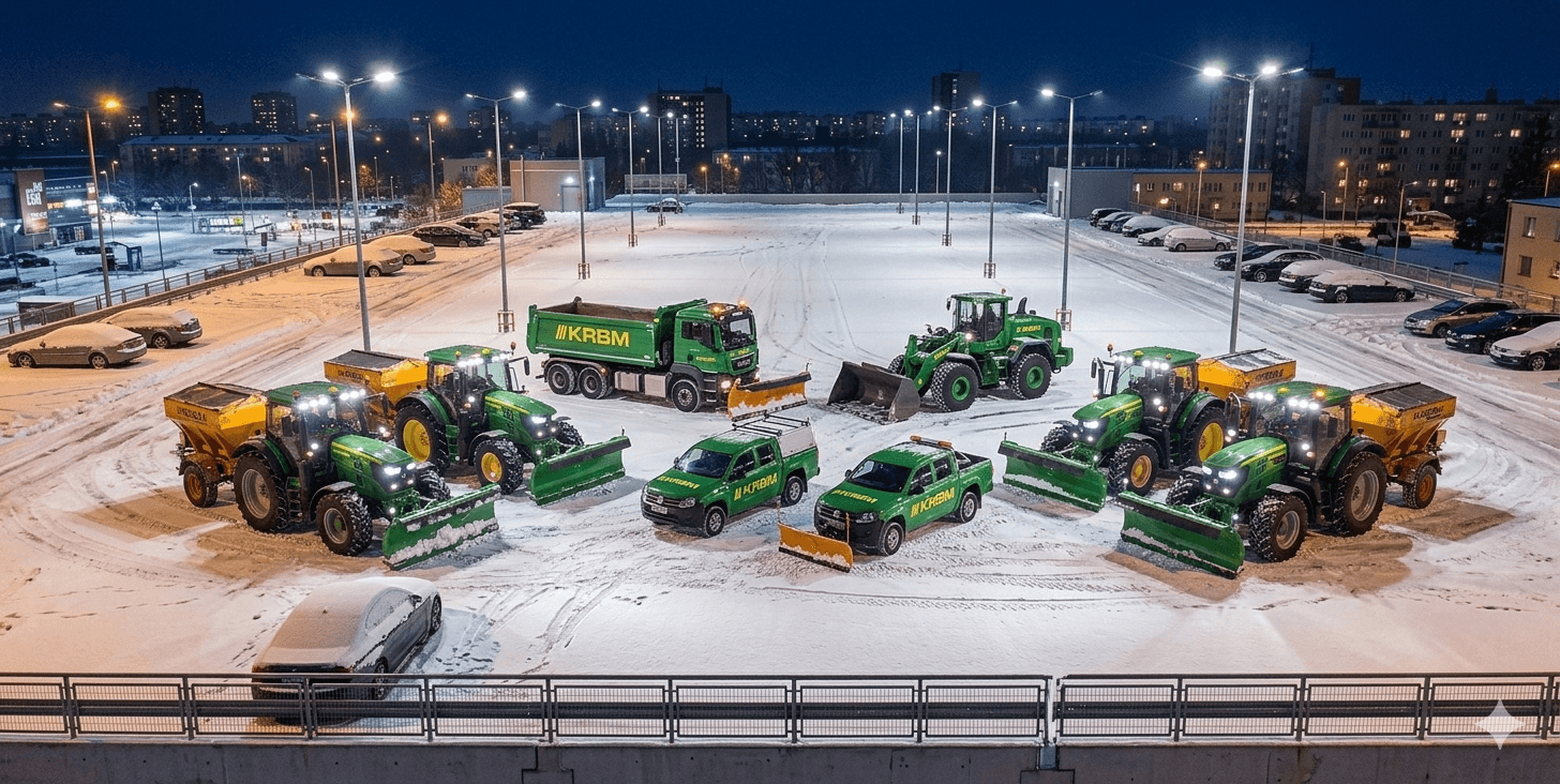 Flota maszynowa KRBM do zimowego utrzymania obiektów, ciągniki i ładowarki z pługami śnieżnymi, całodobowe odśnieżanie mechaniczne placów, parkingów i dróg, Poznań Wielkopolska.
