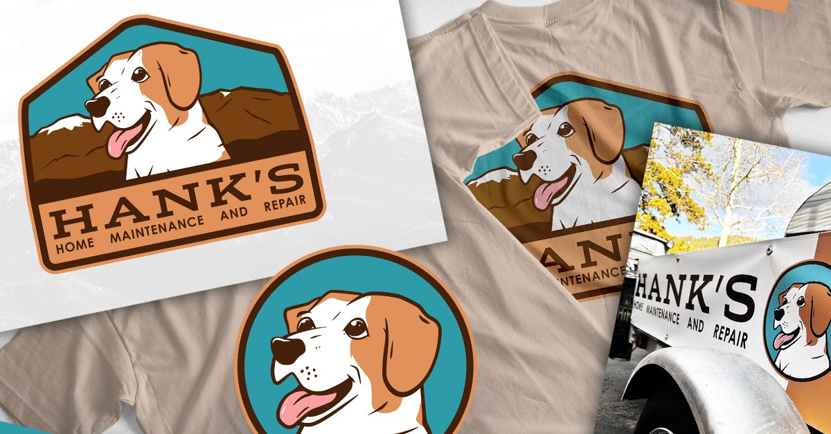 A cluster of items, such as a t-shirt, business card, and banner featuring the logo of a happy, smiling dog. The text reads "Hank's Home Maintence and Repair"