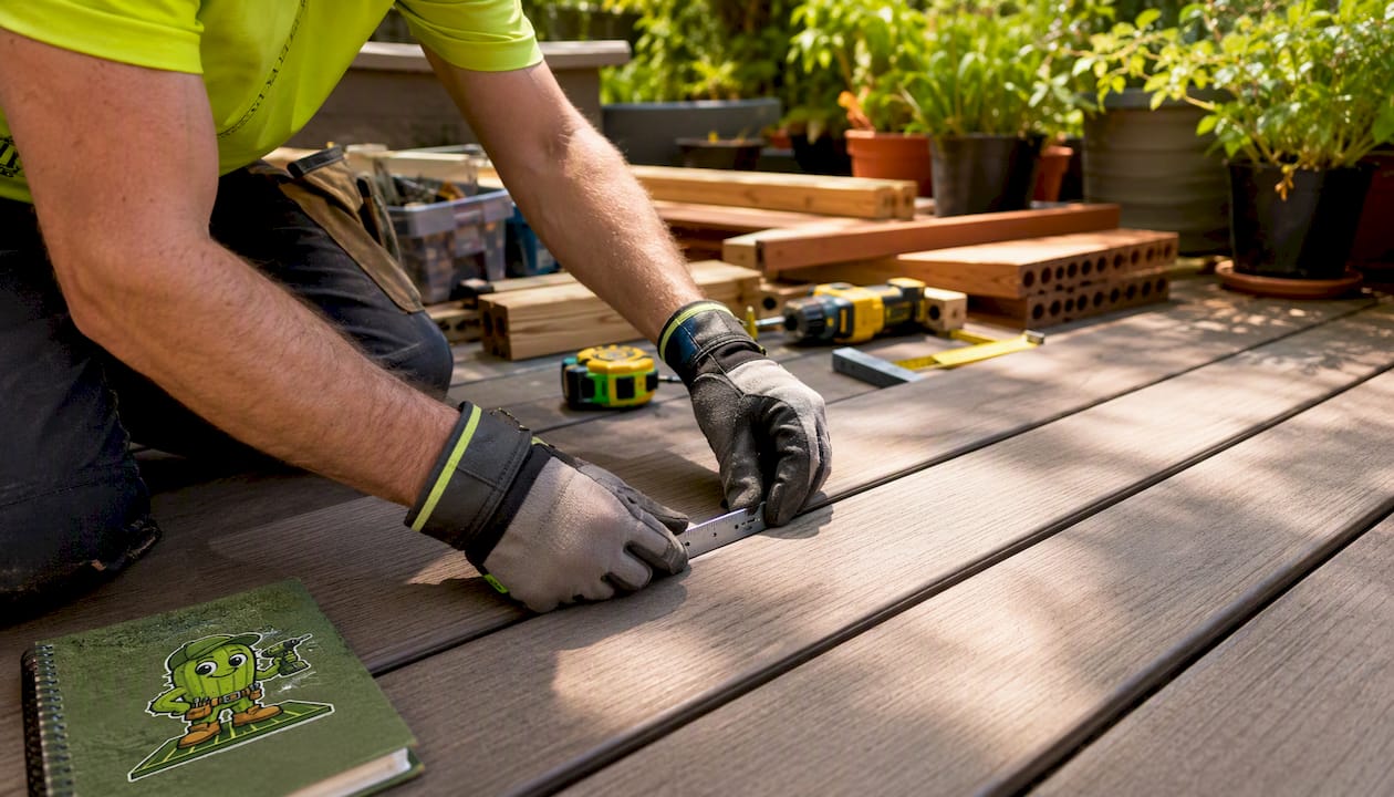 Installer checking spacing on composite deck boards