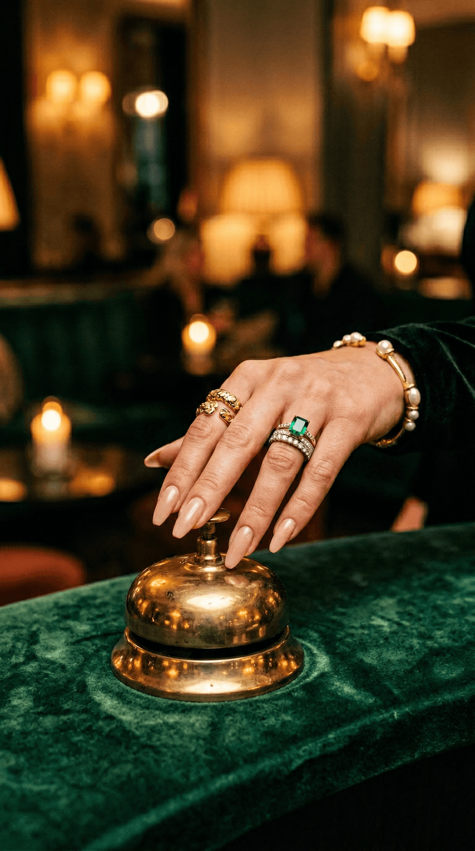 Woman wearing rings pressing vintage hotel bell in moody luxury lounge setting