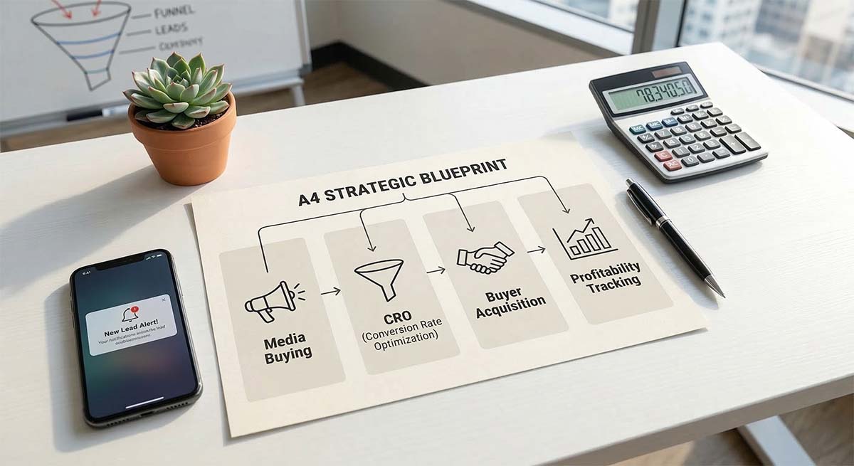 Pay per lead marketing agency strategic blueprint showing the four pillars of profitability