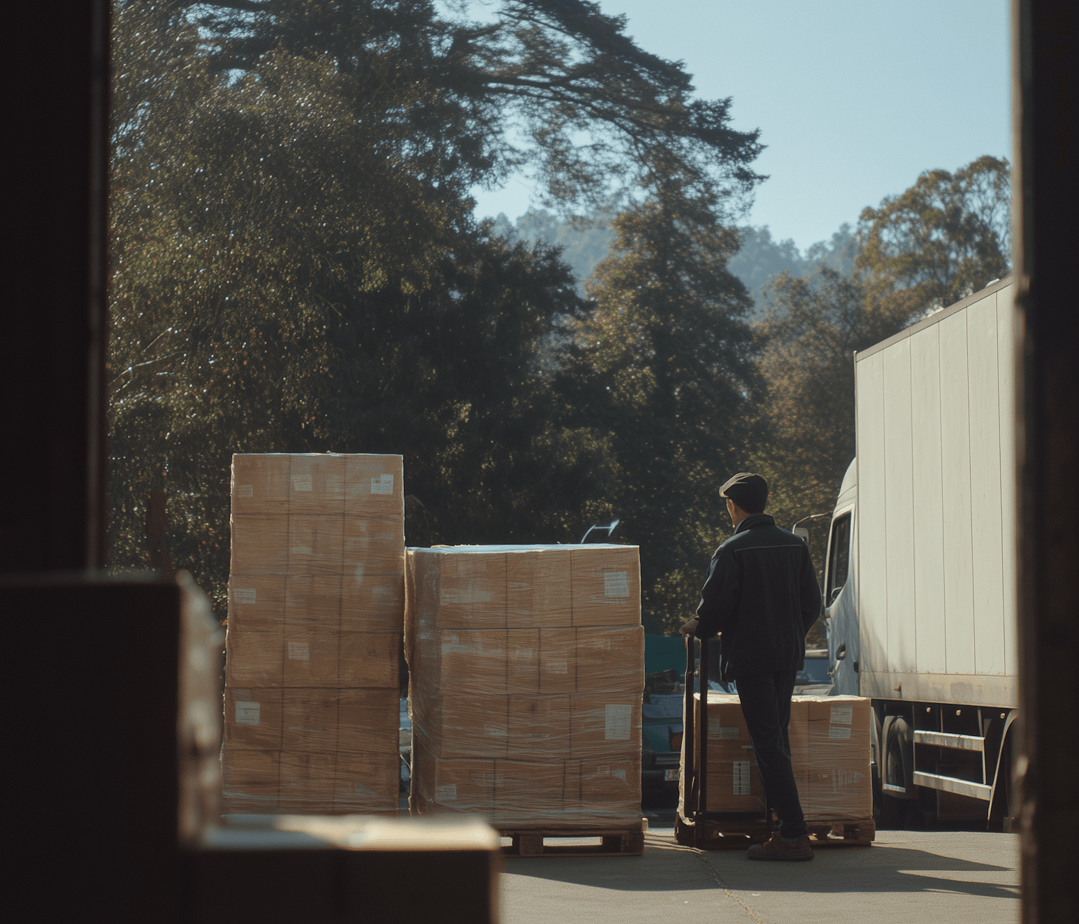 Man transporting a large box with a transport cart