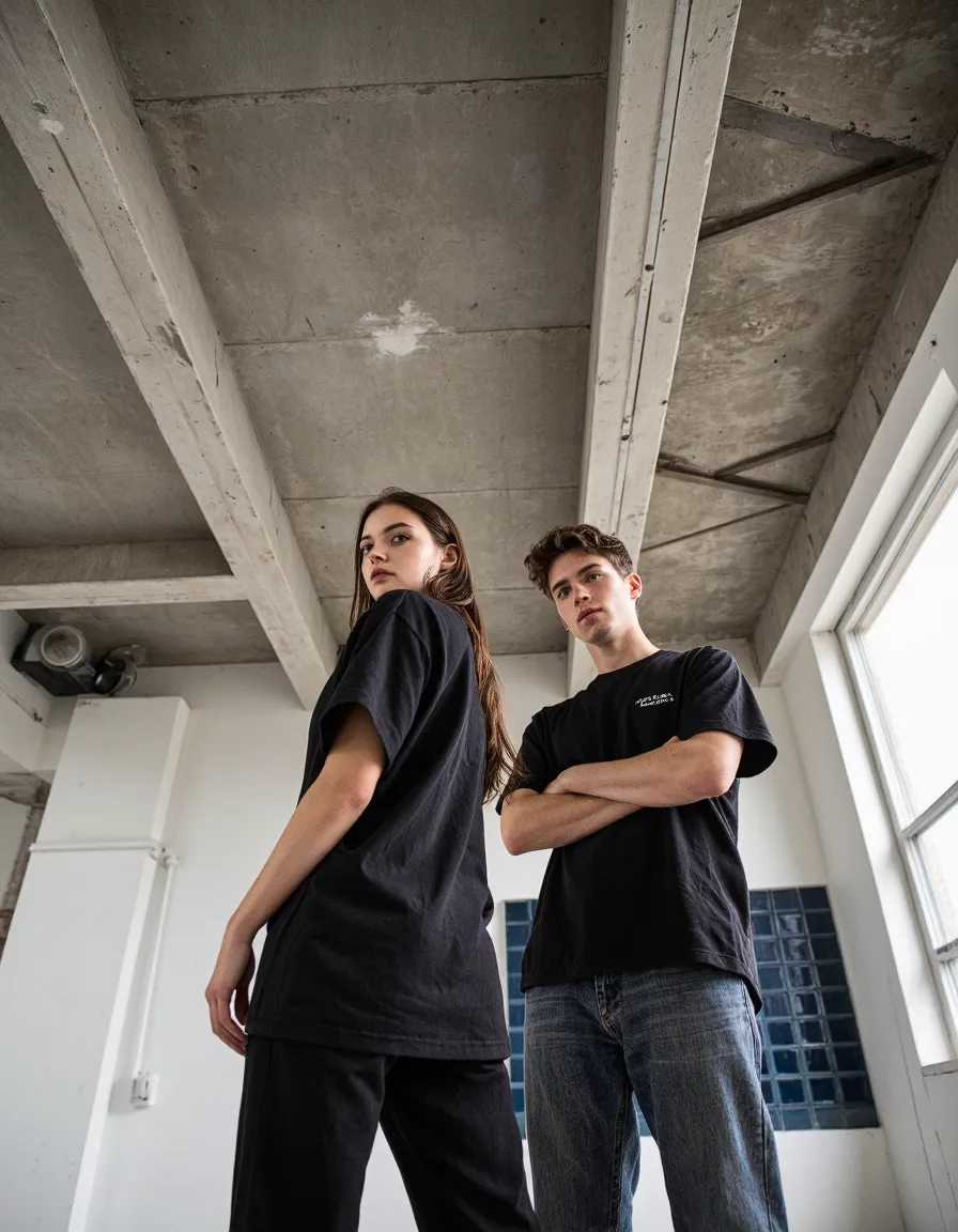 Two models in black t-shirts photographed from low angle against industrial concrete ceiling in urban setting