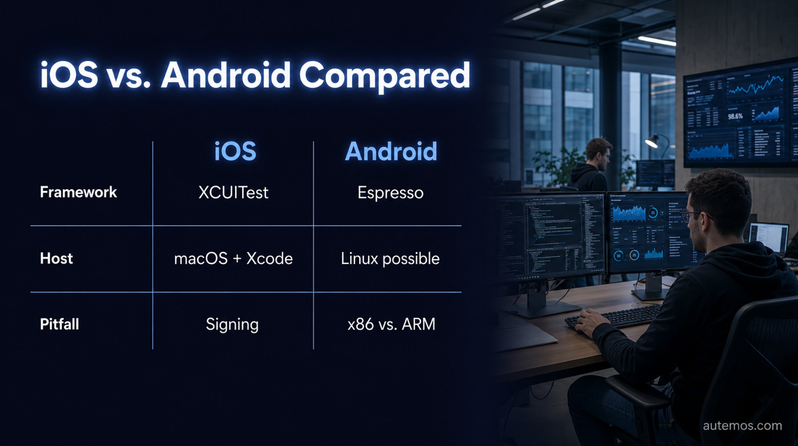 Comparison matrix iOS vs. Android: framework XCUITest versus Espresso, host macOS plus Xcode versus Linux possible, pitfall signing versus x86 vs. ARM.