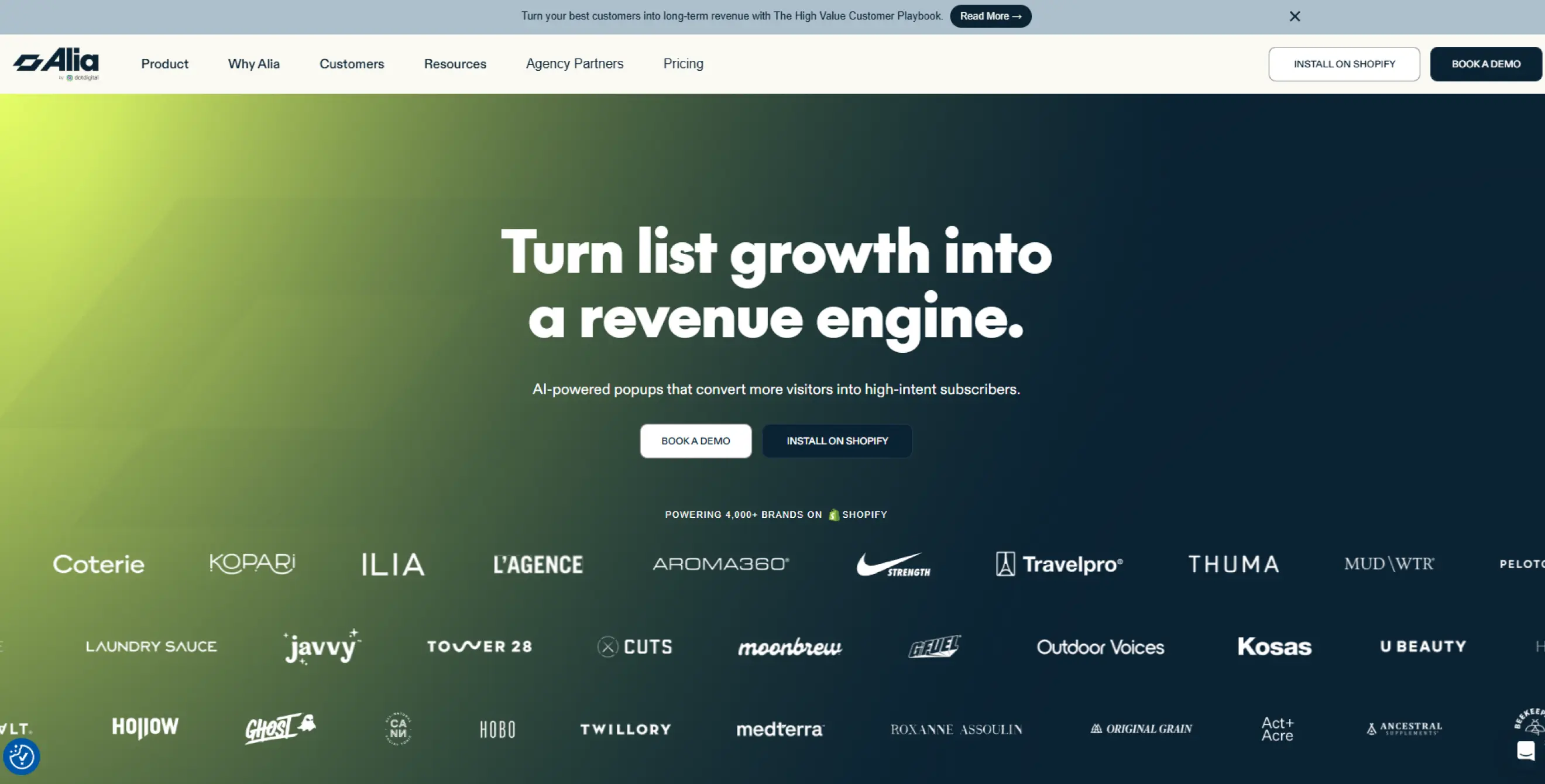 Alia website hero section featuring the headline “Turn list growth into a revenue engine”