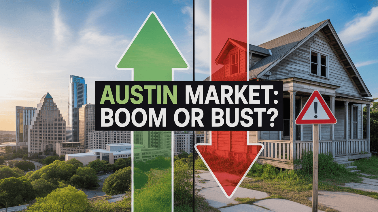 Austin skyline versus worn house with boom-or-bust arrows and Austin Market text in the center