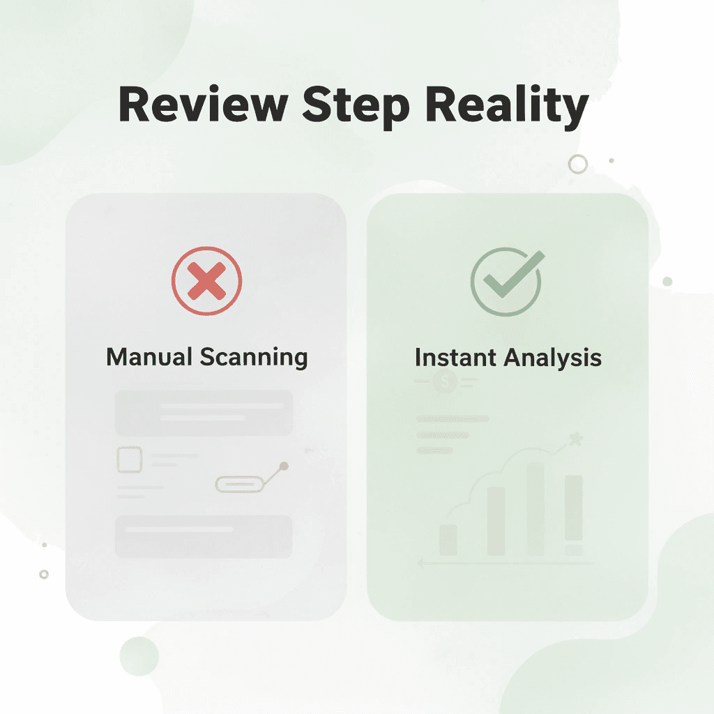 Before and after infographic showing manual scanning versus instant AI analysis