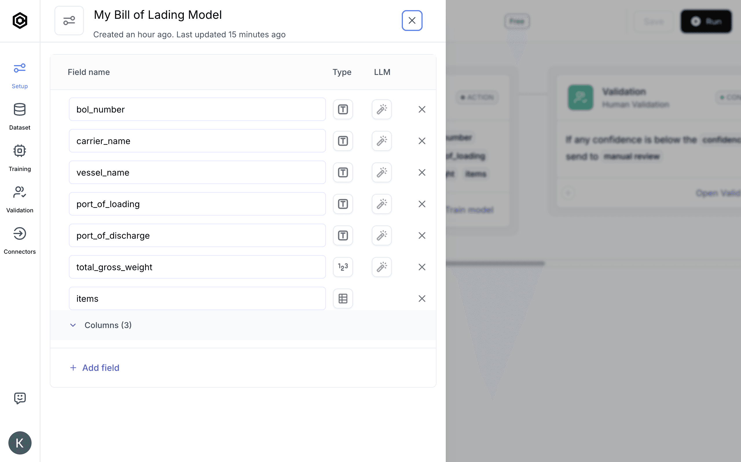 Screenshot of the data points config inside Cradl AI