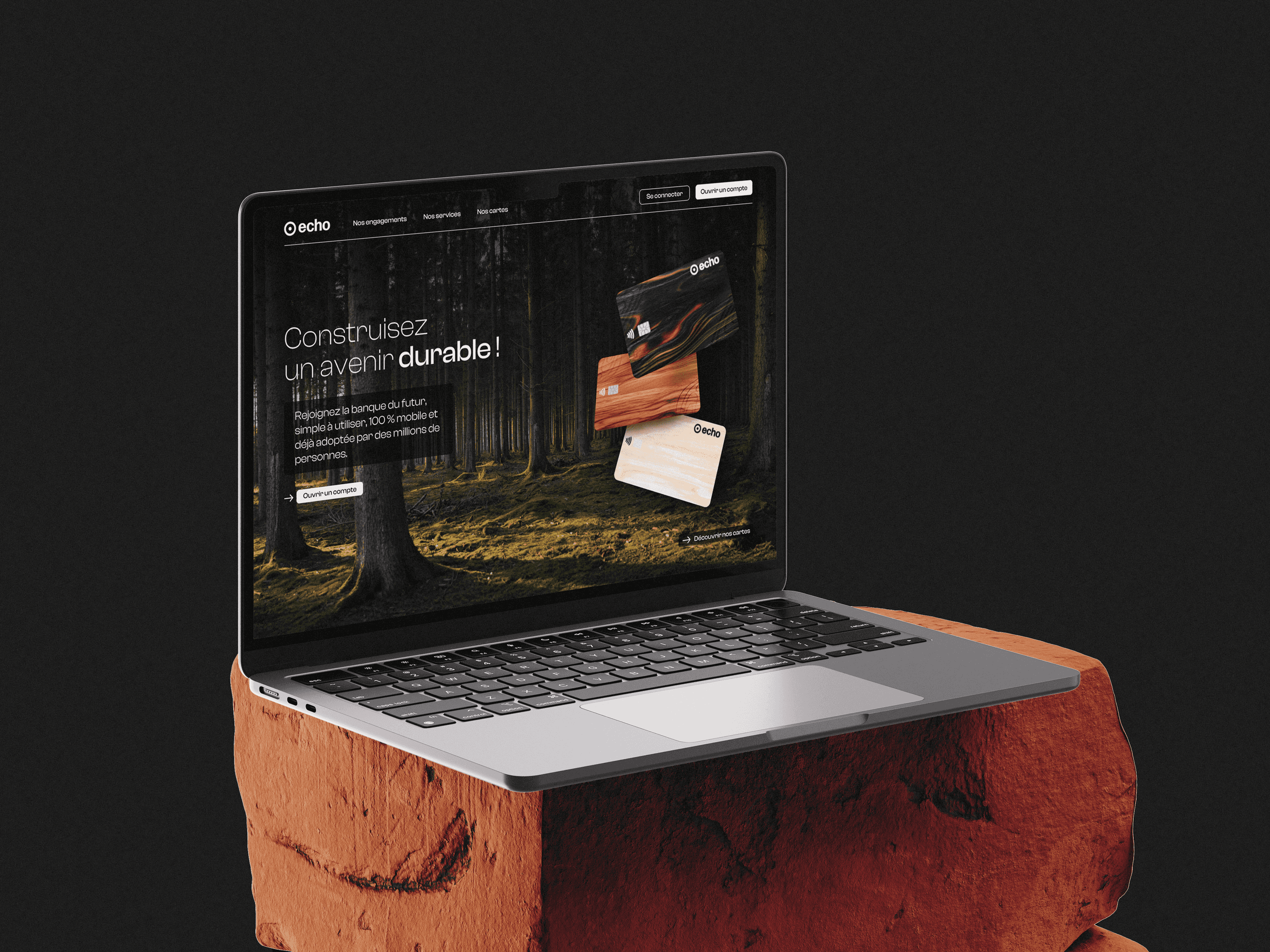 Design web et visuels digitaux pour une banque écologique, interface et direction artistique.