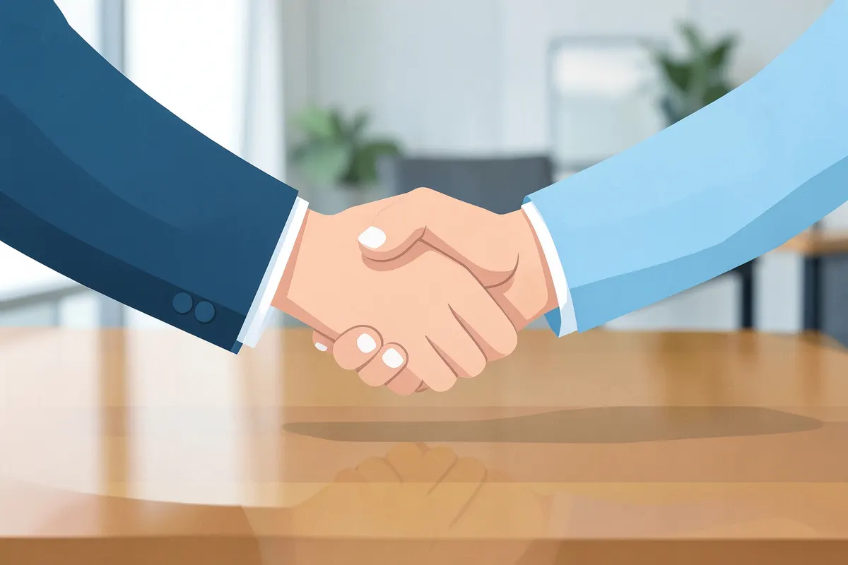 A handshake between two professionals in an office environment, symbolizing partnership