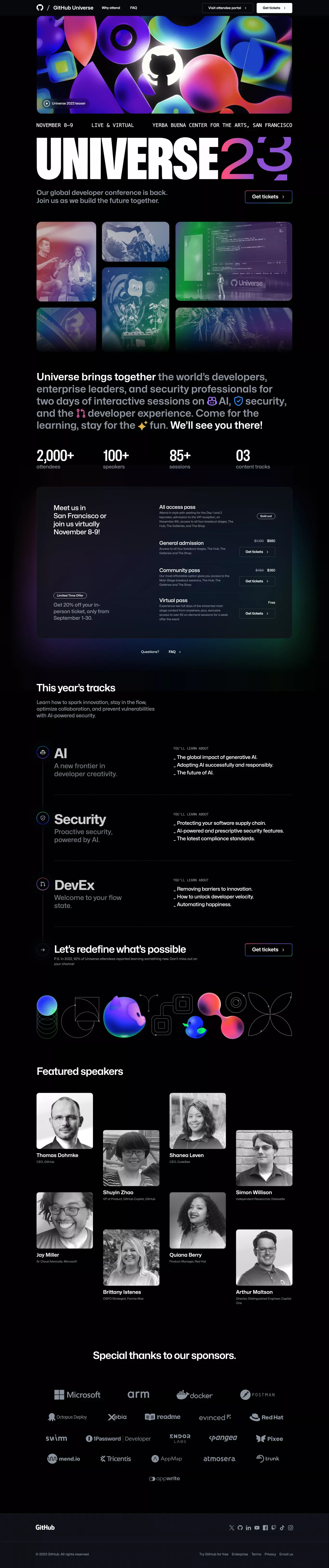GitHub Universe - November 8-9, 2023 other page screenshot showcasing Event and Tech design
