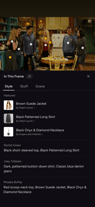 AI analysis panel identifying style descriptions for characters in a frame