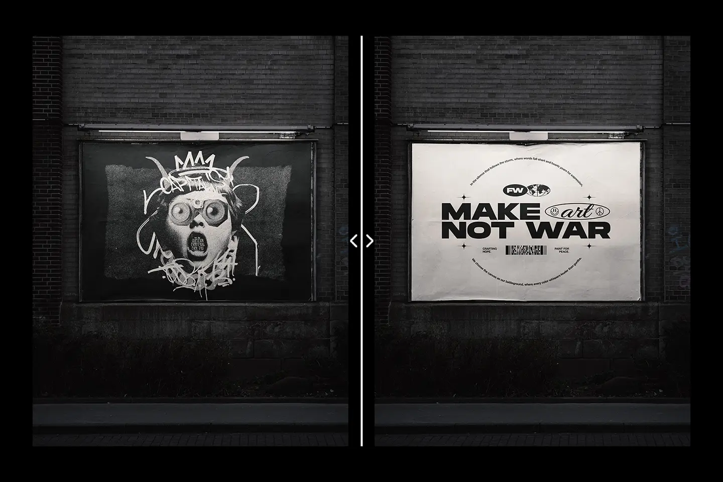 Urban billboard mockup showing two poster design examples in moody night street scene