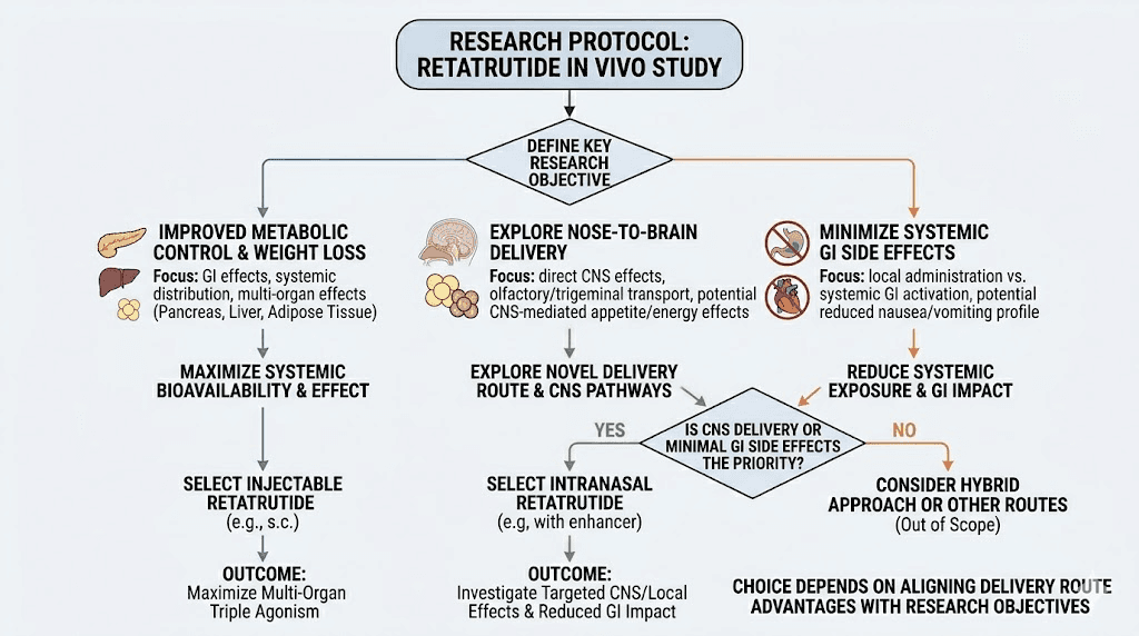 Decision flowchart for choosing intranasal versus injectable retatrutide for research