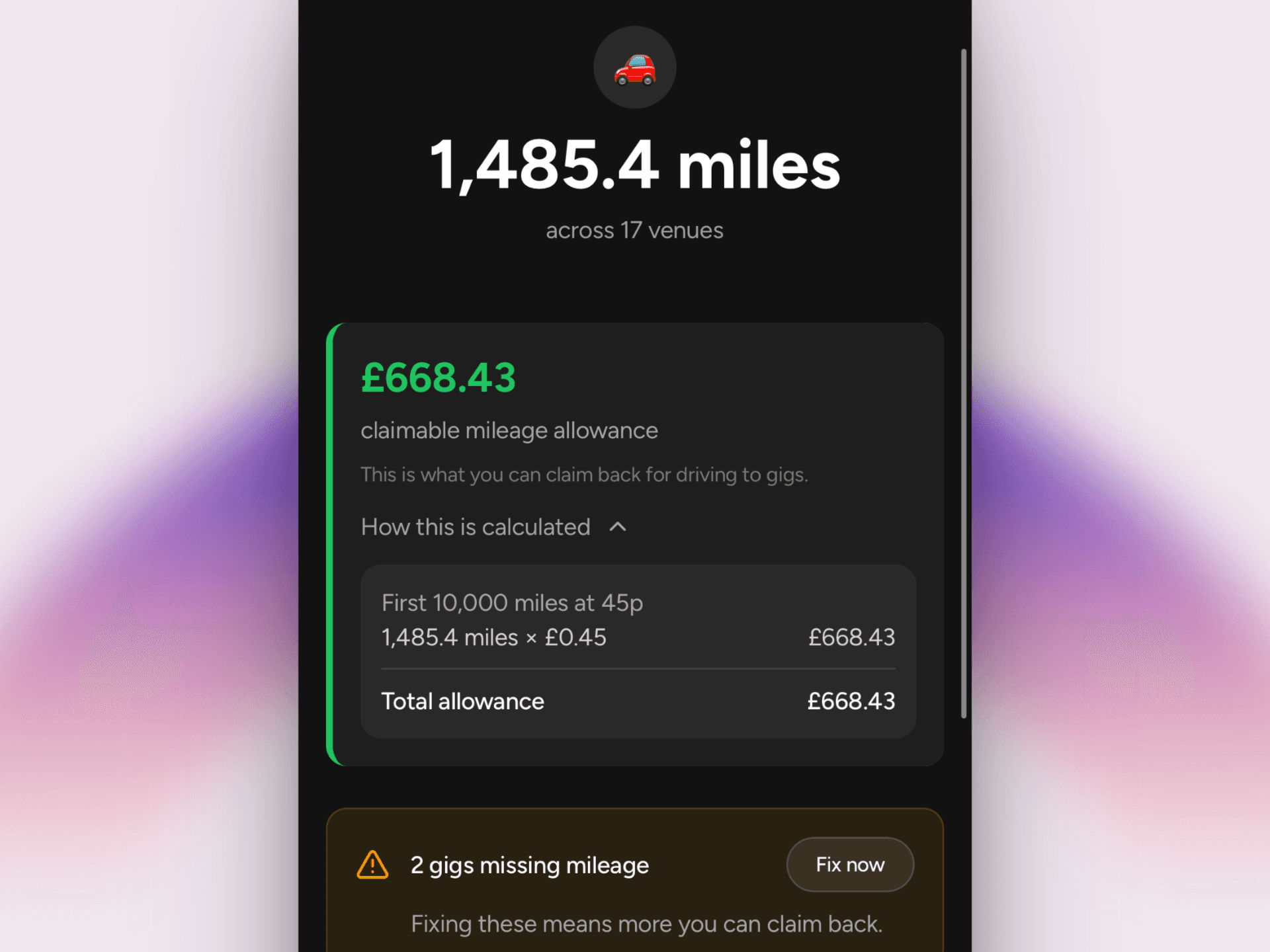 Gigflow mileage tracking screen showing 451 business miles and £203 claimable allowance at HMRC's 45p per mile rate, with venue map and monthly breakdown Image  
