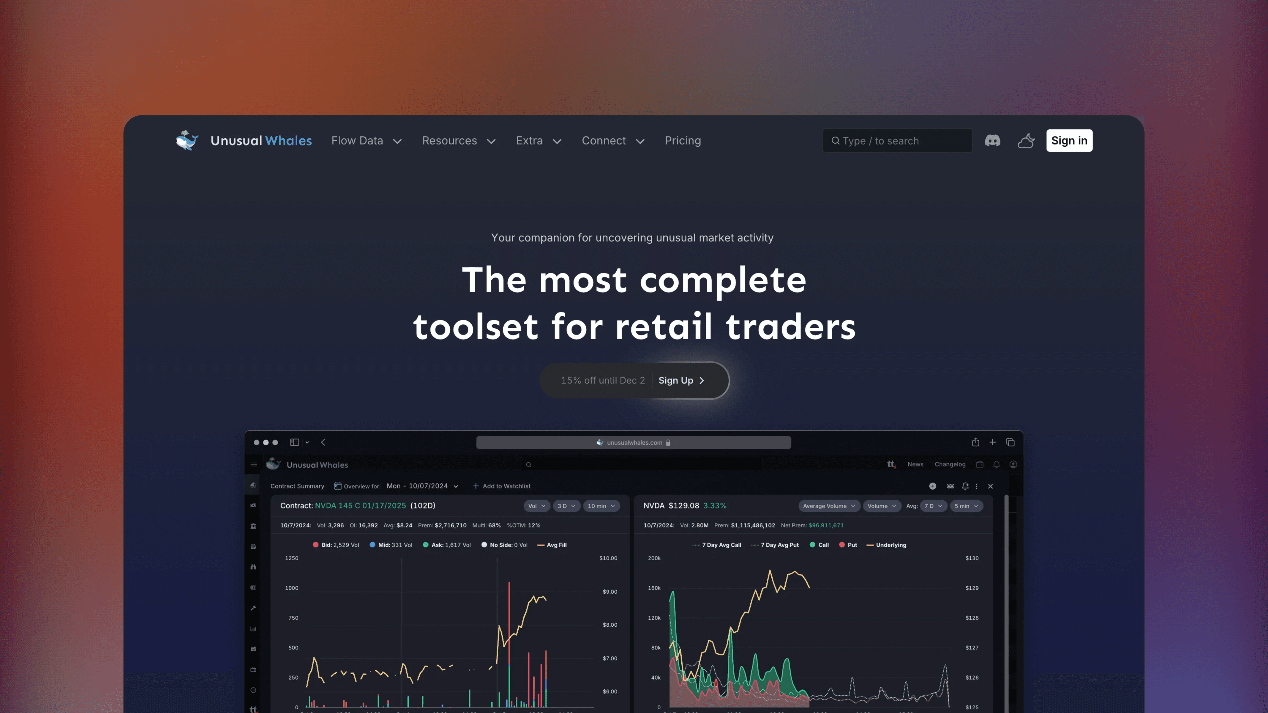 Website preview of Unusual Whales, trade analytics orderflow platform showing a feed of unusual options activity and dark pool prints.