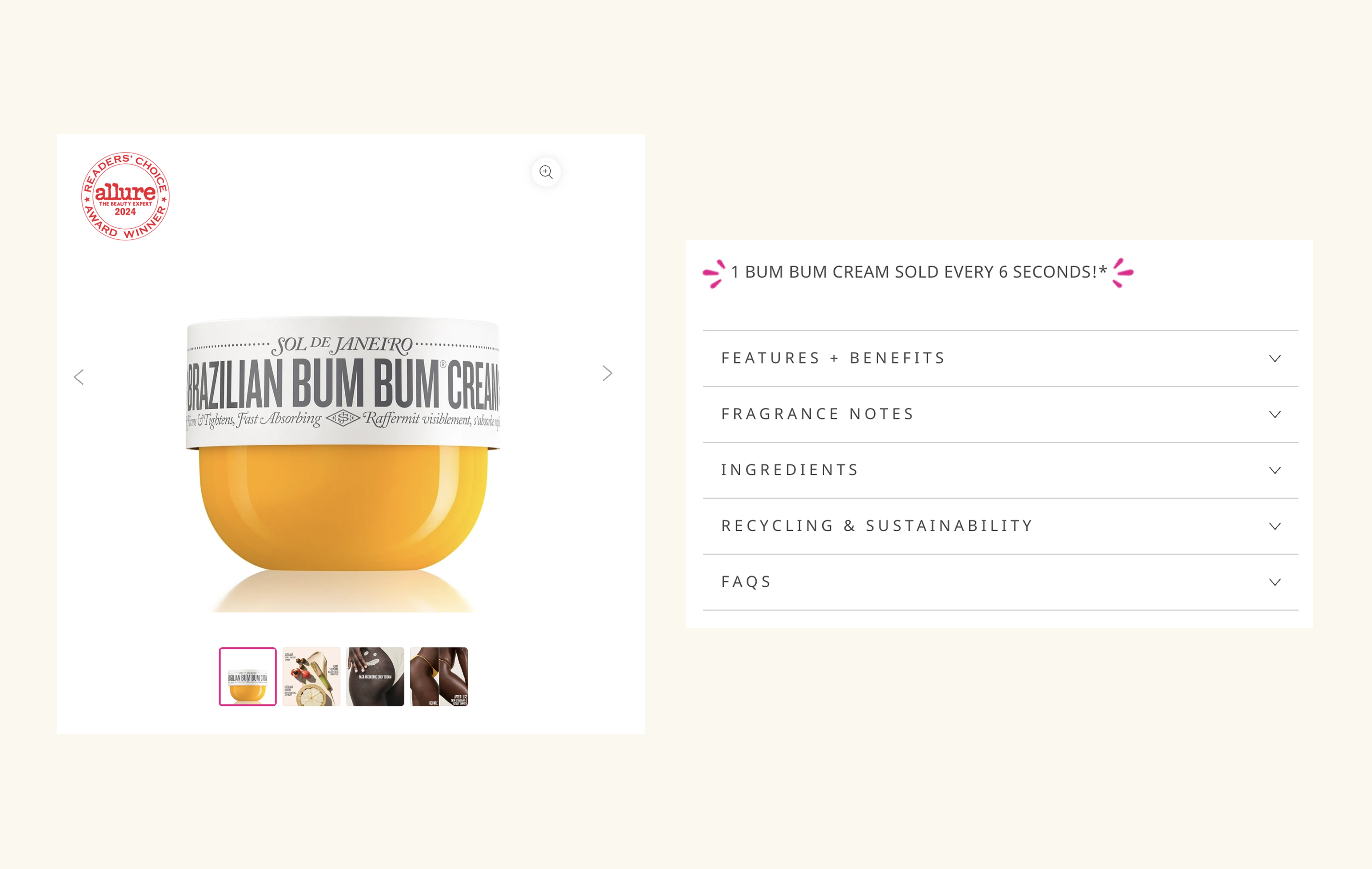 Badges on product cards showing popularity, awards, and sustainability claims