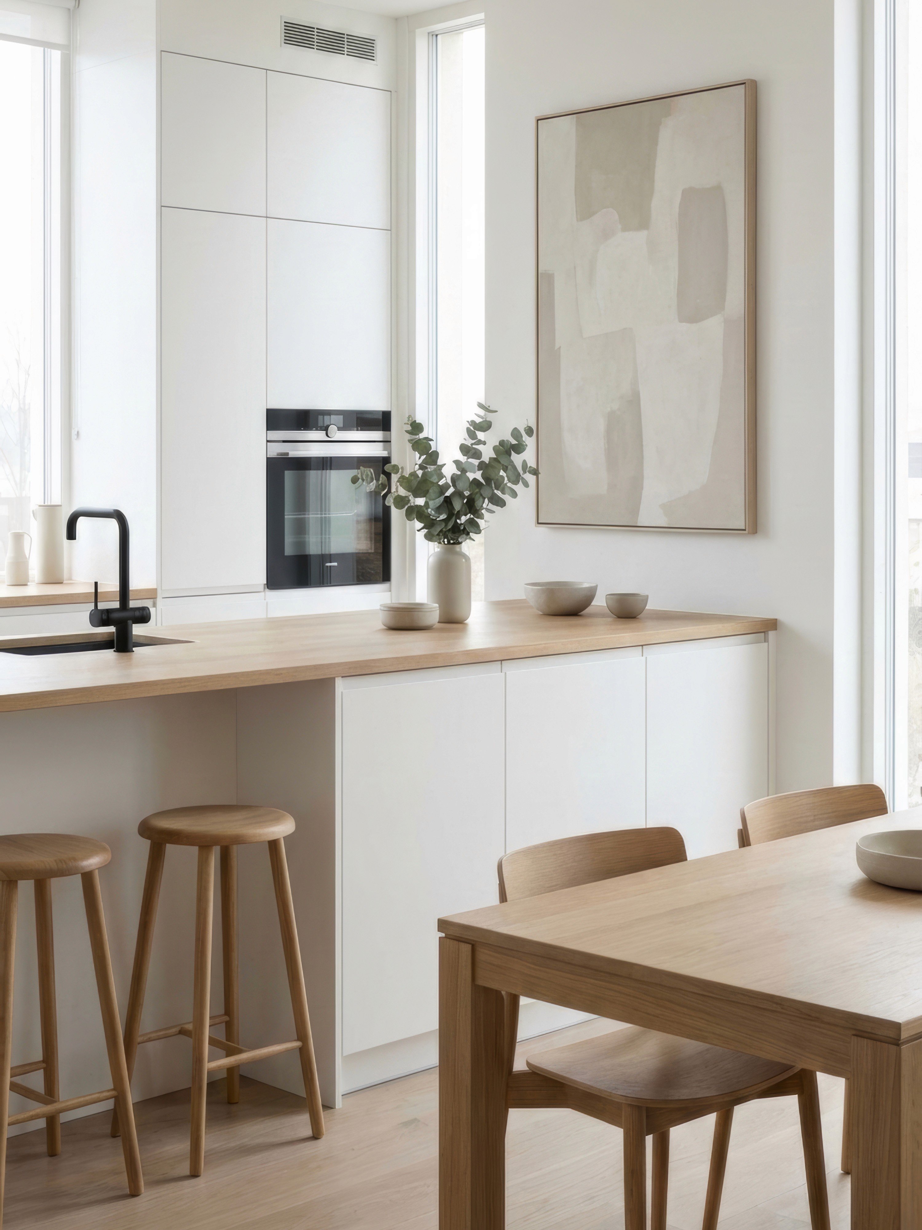 Render architettonico di cucina in stile scandinavo, arredata con mobili in legno chiaro e bianco.