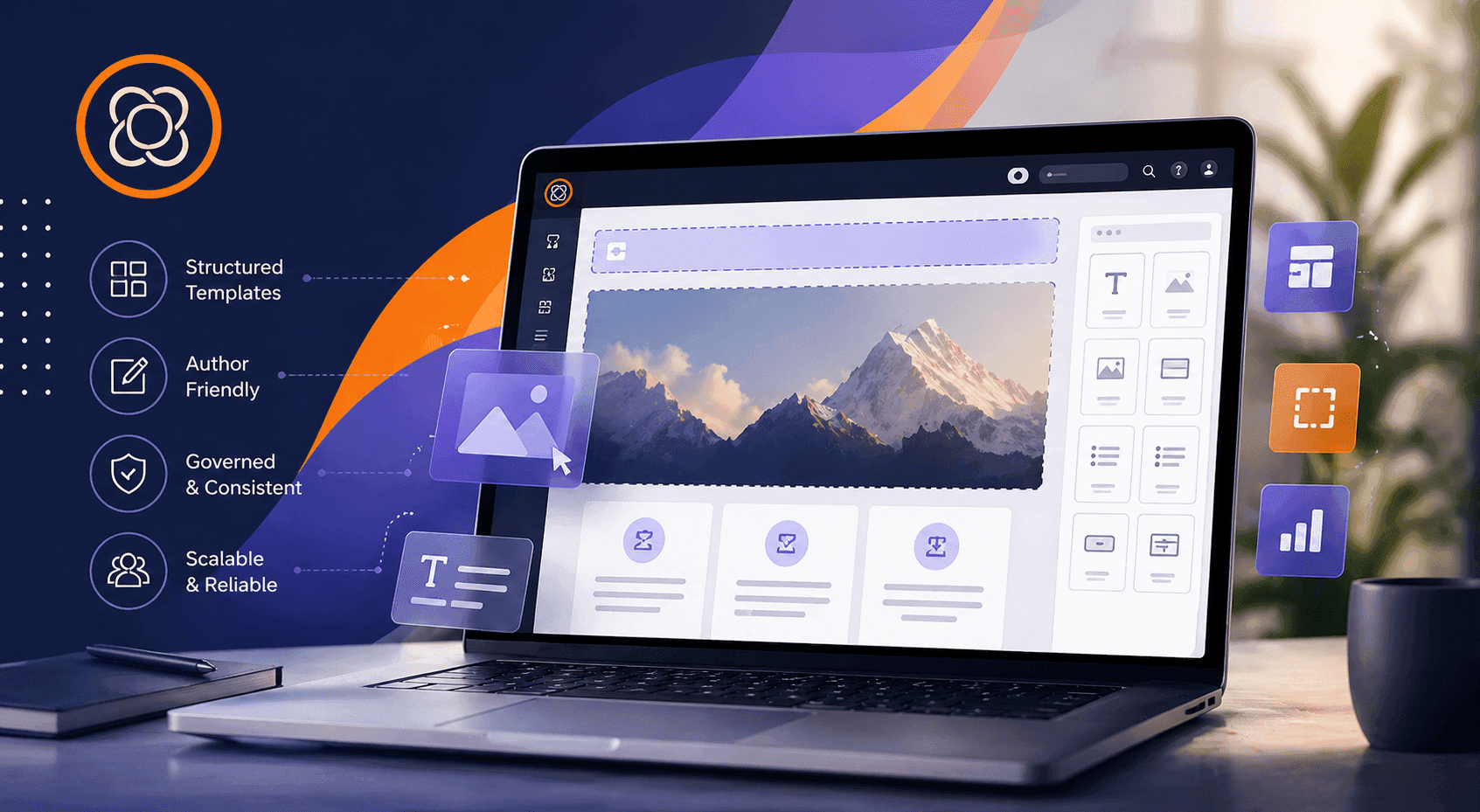 A laptop displaying a modern content management interface with features like structured templates, author-friendly tools, and scalable design elements.