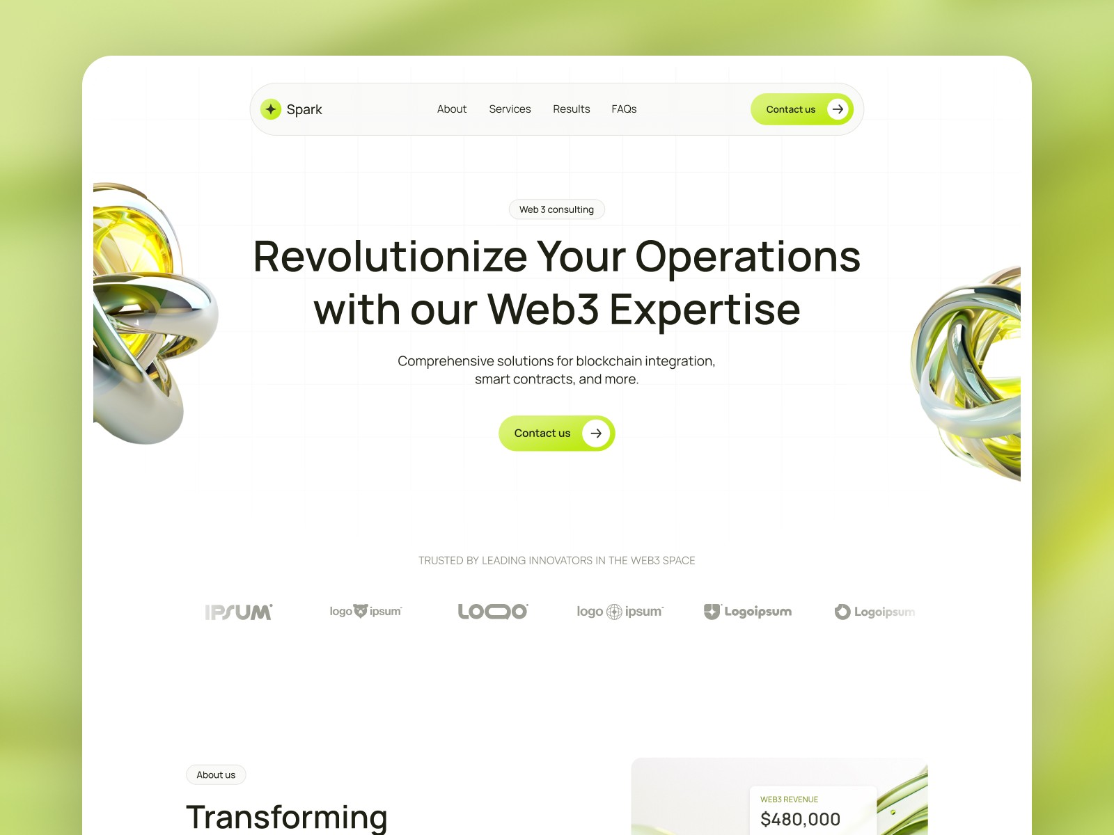 Spark Framer template homepage hero reading "Revolutionize Your Operations with our Web3 Expertise" on lime green background