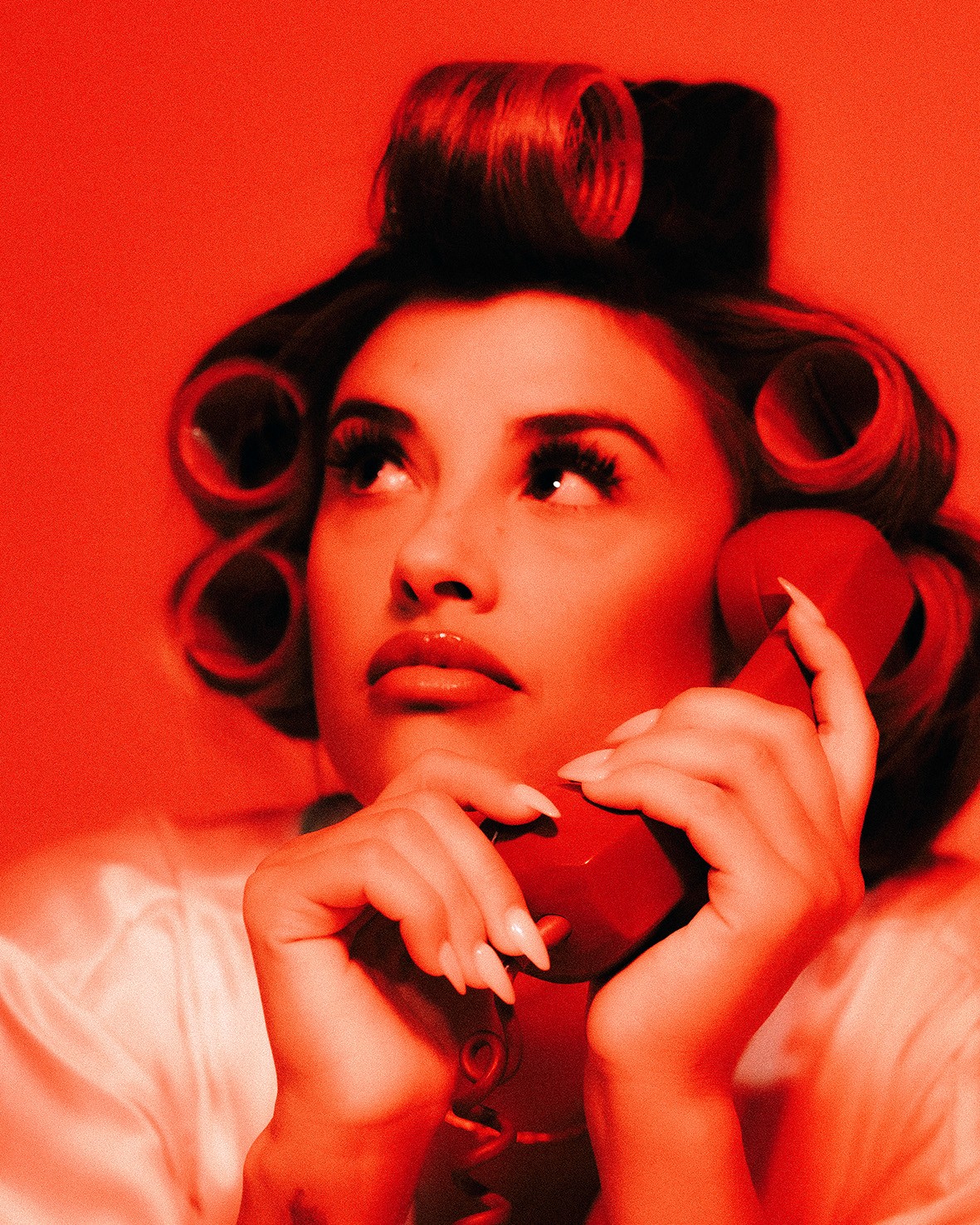 Red background with woman