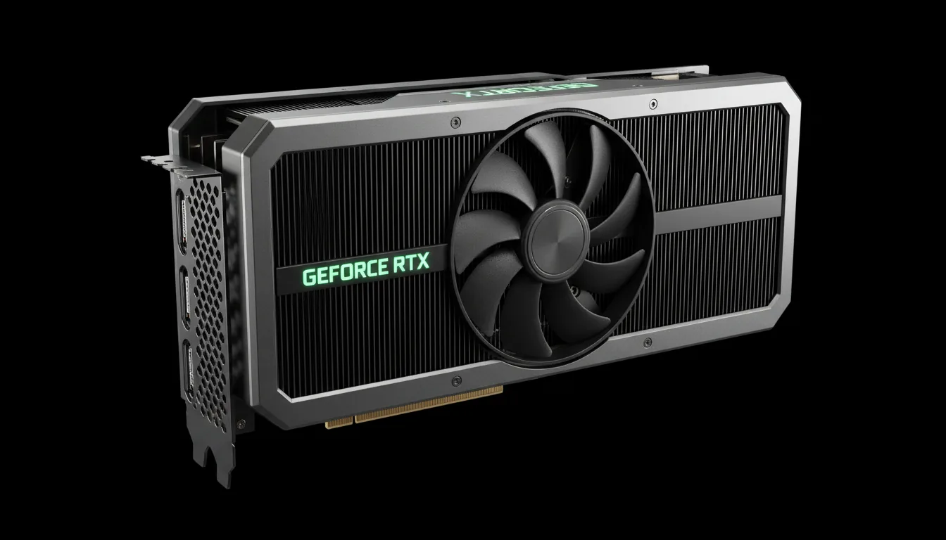 DSLR product photography of an NVIDIA GeForce RTX 4090 graphics card, angled three-quarters view. Soft studio lighting creates crisp highlights on the edges against a pure black background. The design features a textured gunmetal gray metal body, a matte black shroud, a large cooling fan, and vertical black heatsink fins. The image has a sharp focus throughout, emphasizing the premium, high-tech industrial aesthetic.