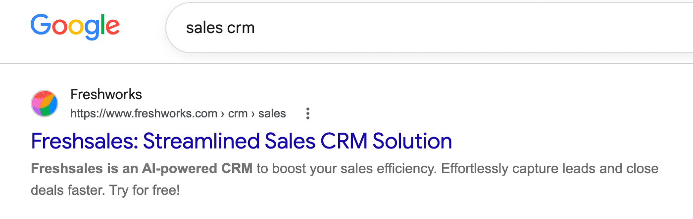 Freshworks Google result for “sales CRM” search intent.