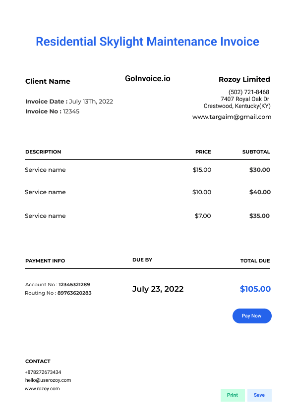 Residential Skylight Maintenance Invoice