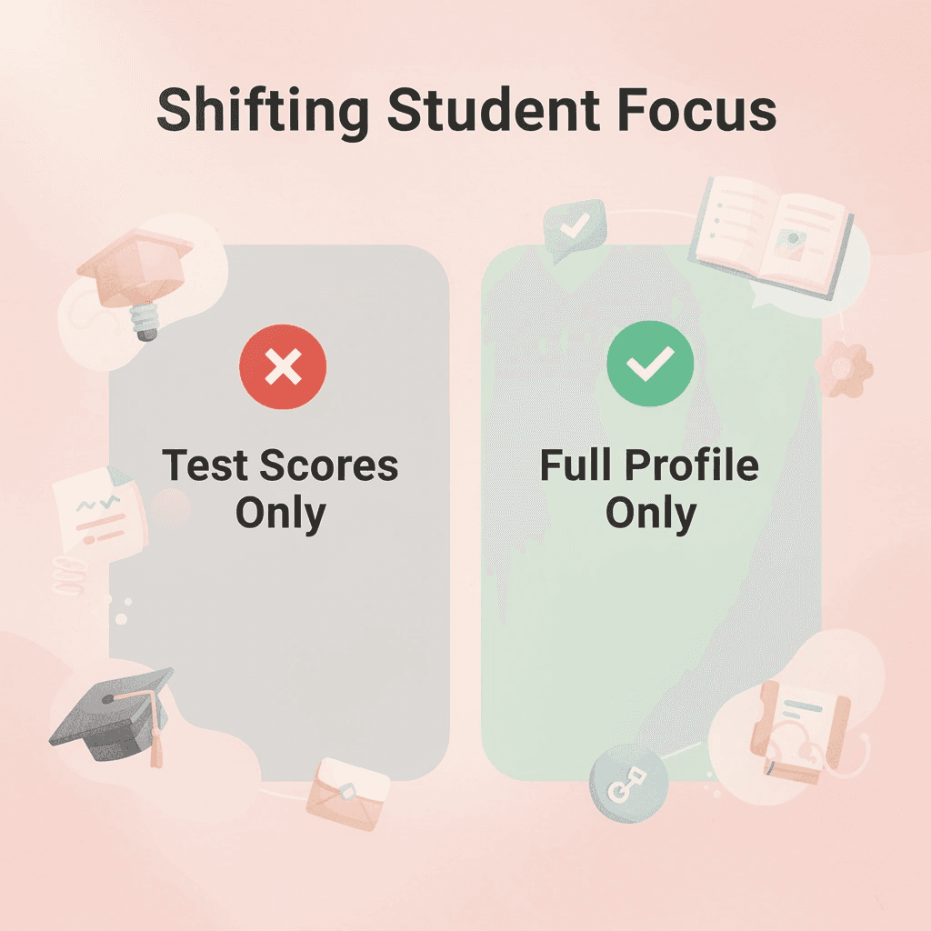 Before and after infographic showing shift from test scores to full application profile