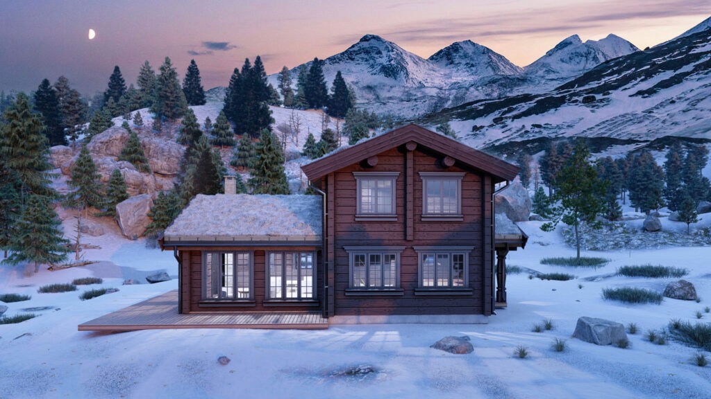 Traditional two-story Log Cabin LC104 with a separated kitchen and visible roof beams.